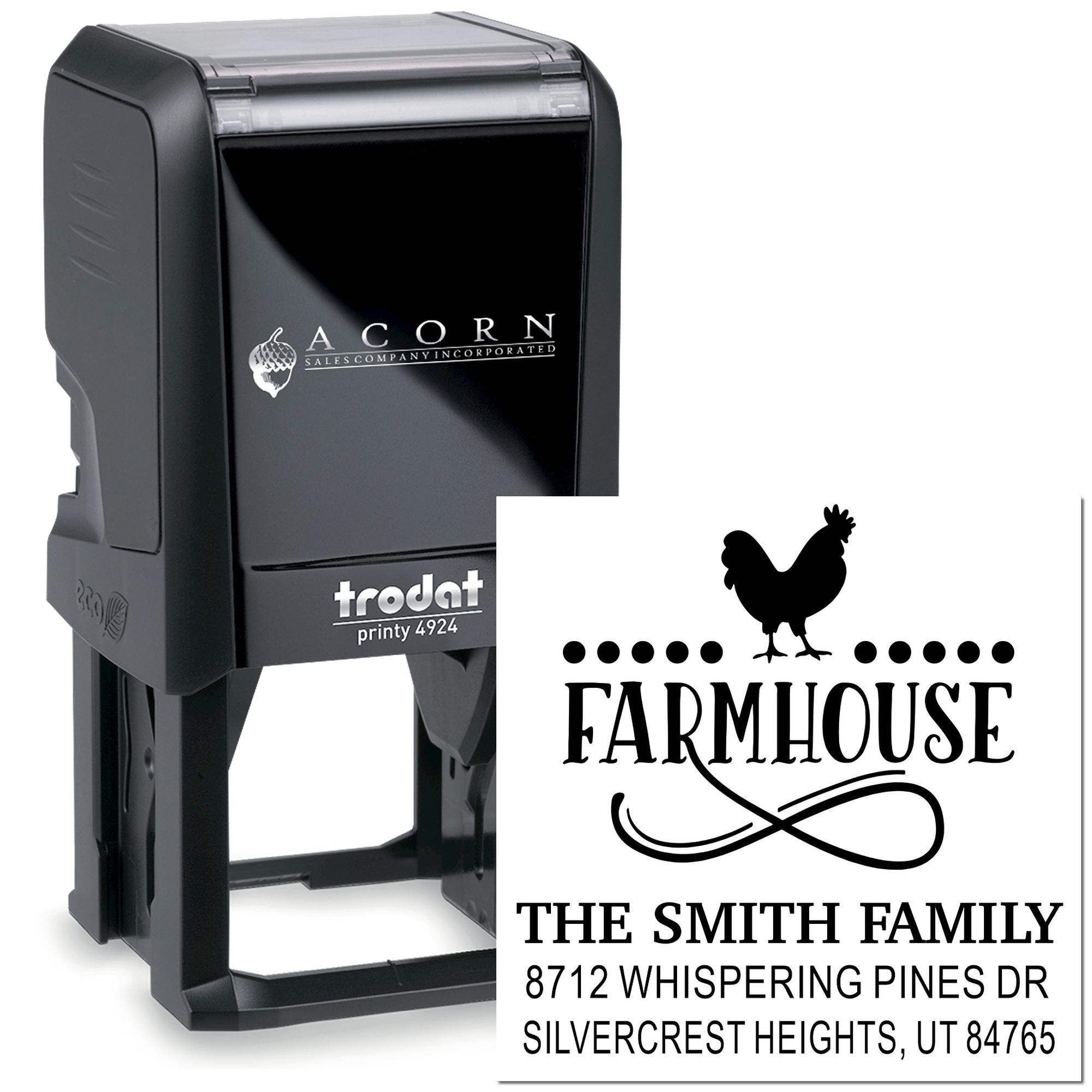 Custom self-inking farmhouse address stamp with rooster graphic, The Smith Family text, and Trodat Printy 4924 case.