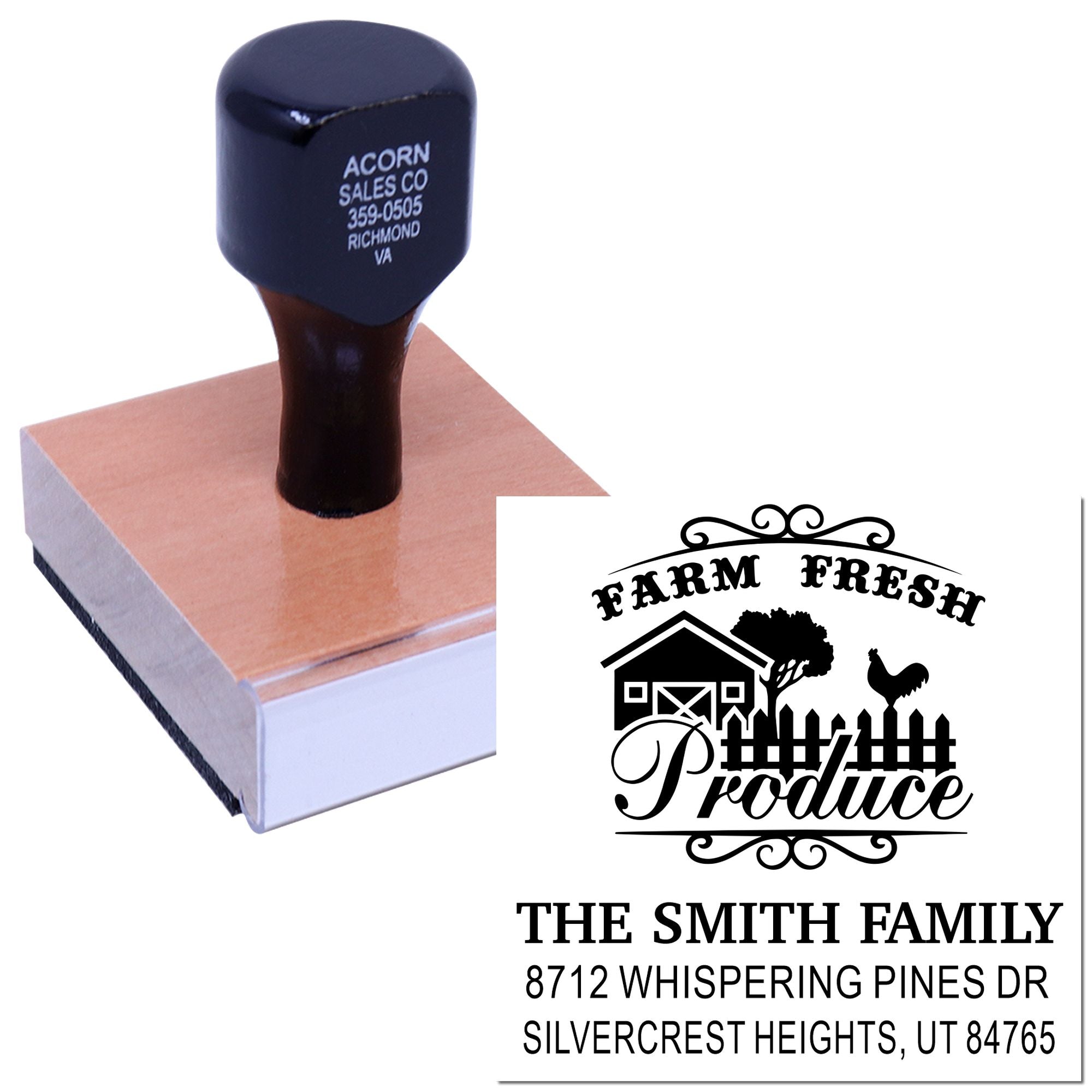 Custom rubber stamp with wood base showing a farm fresh produce design and family address branding on a white background.