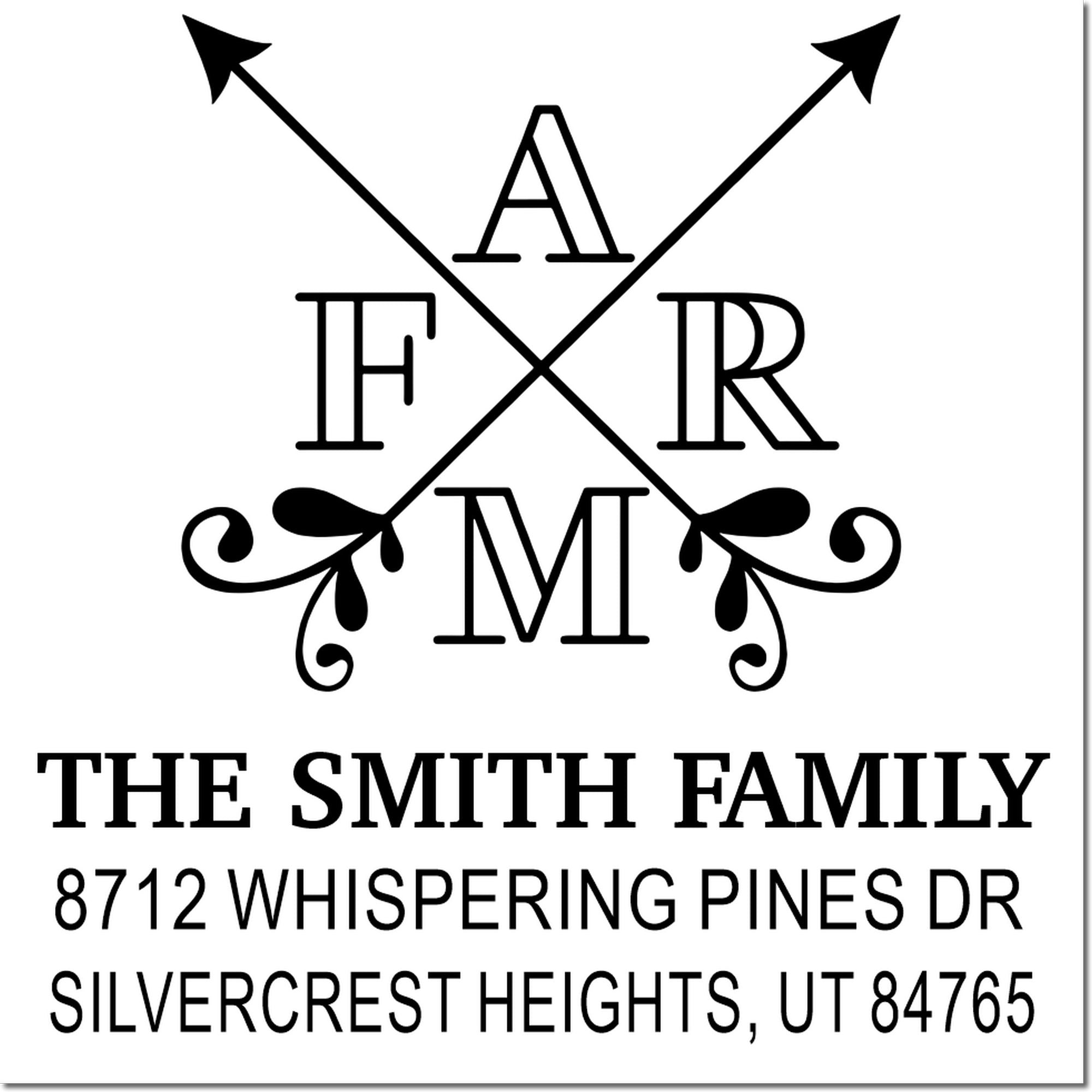 Personalized family return address stamp featuring crossed arrows monogram AFRM, The Smith Family, 8712 Whispering Pines Dr, Silvercrest Heights, UT 84765.