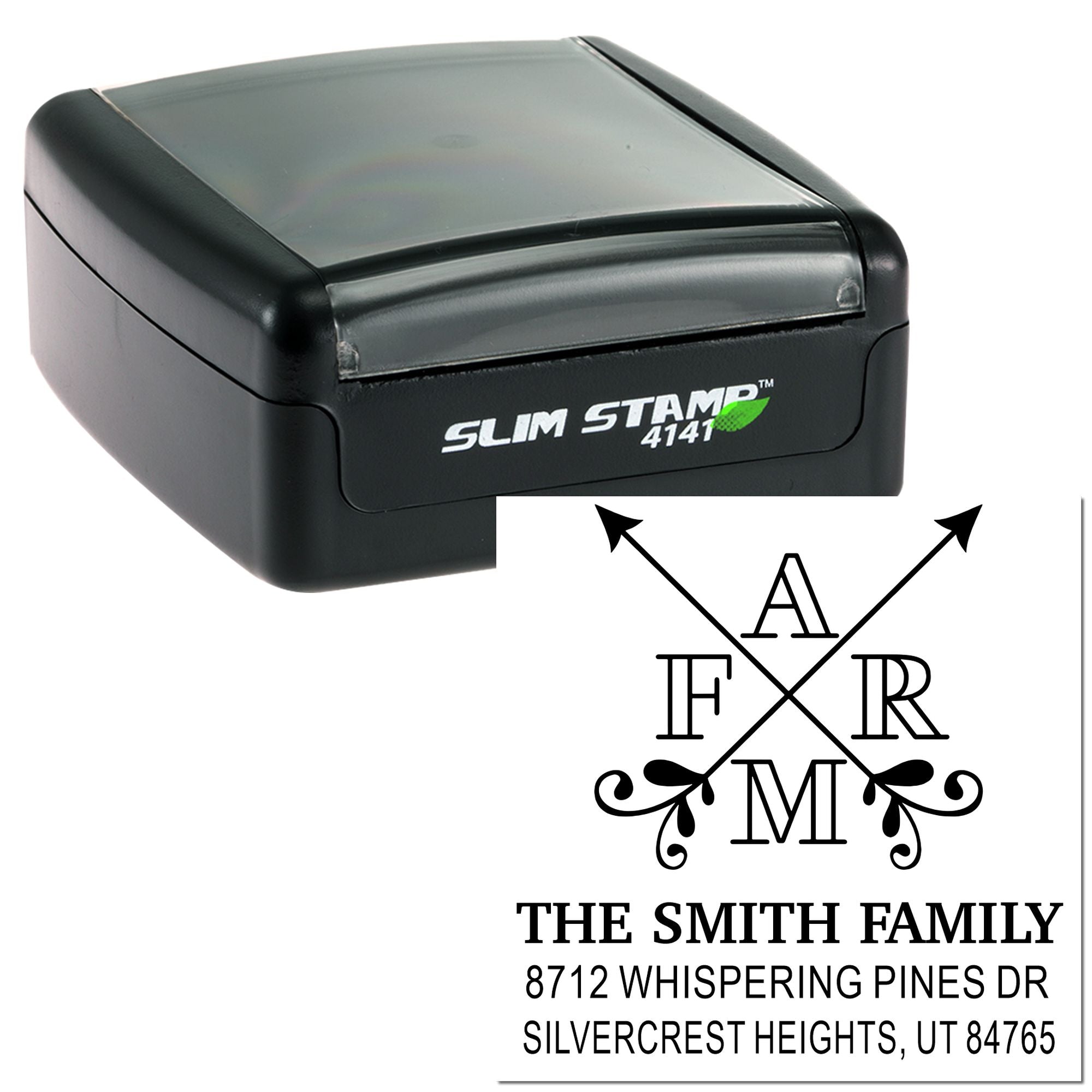 Black Slim Stamp self-inking custom return address stamp with monogram crest, The Smith Family name, and mailing address on white.