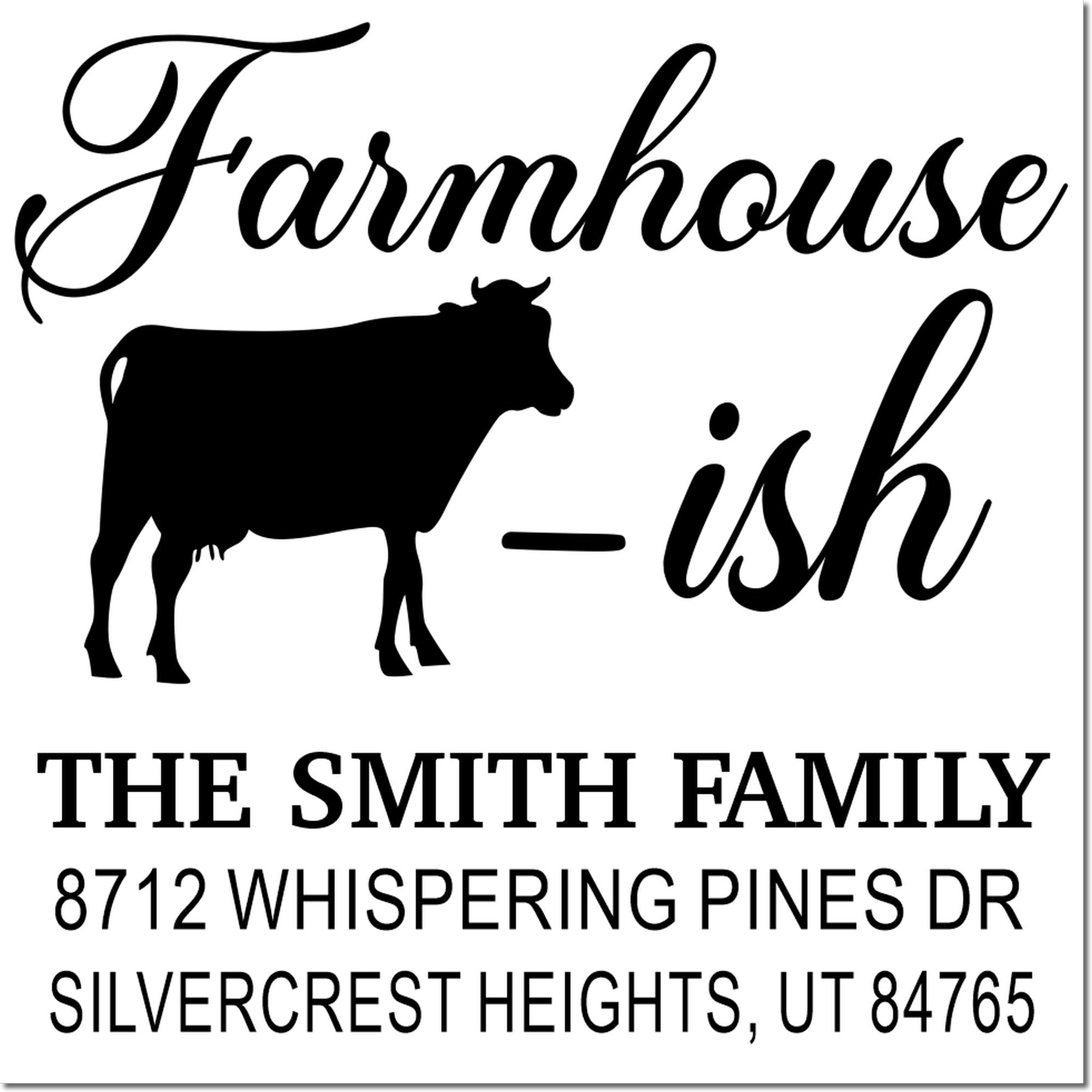 Custom farmhouse return address stamp with cow silhouette, The Smith Family name, and Silvercrest Heights, UT address.