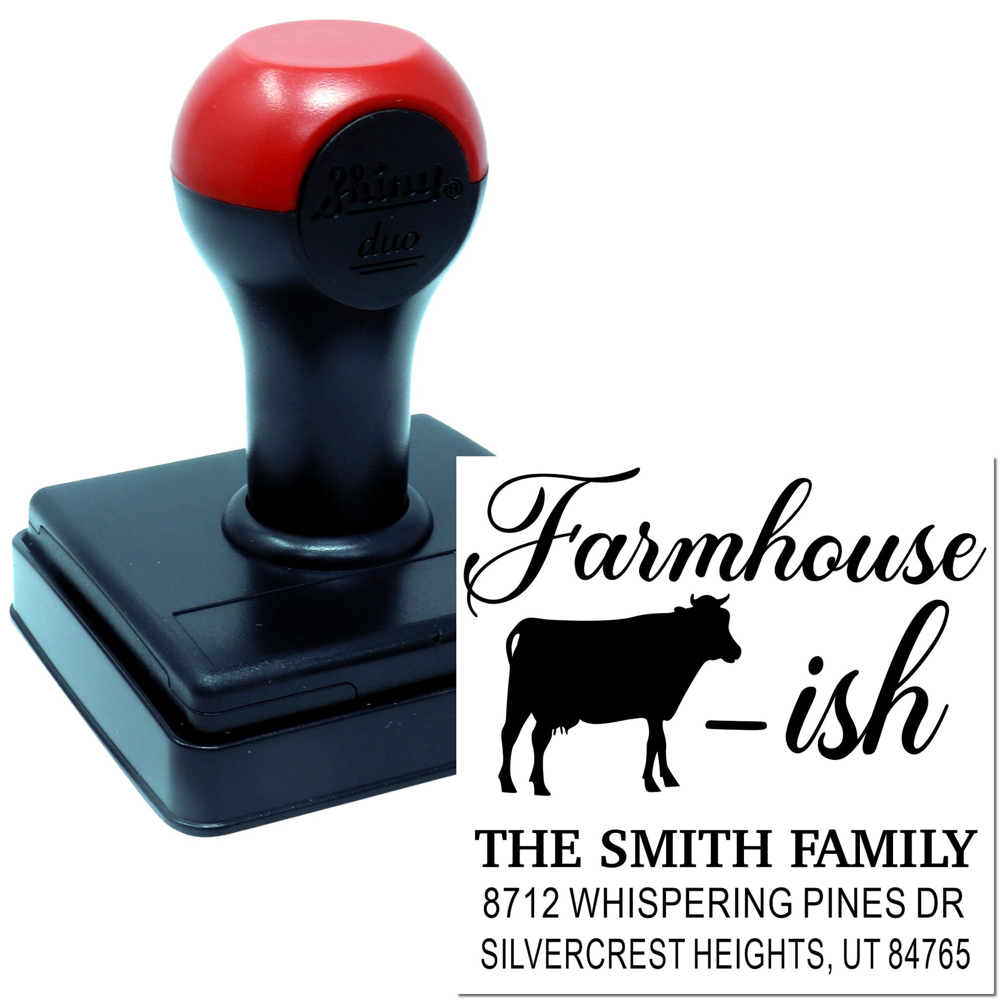 Custom self-inking farmhouse return address stamp with cow design, featuring The Smith Family address on a black and red stamp base.