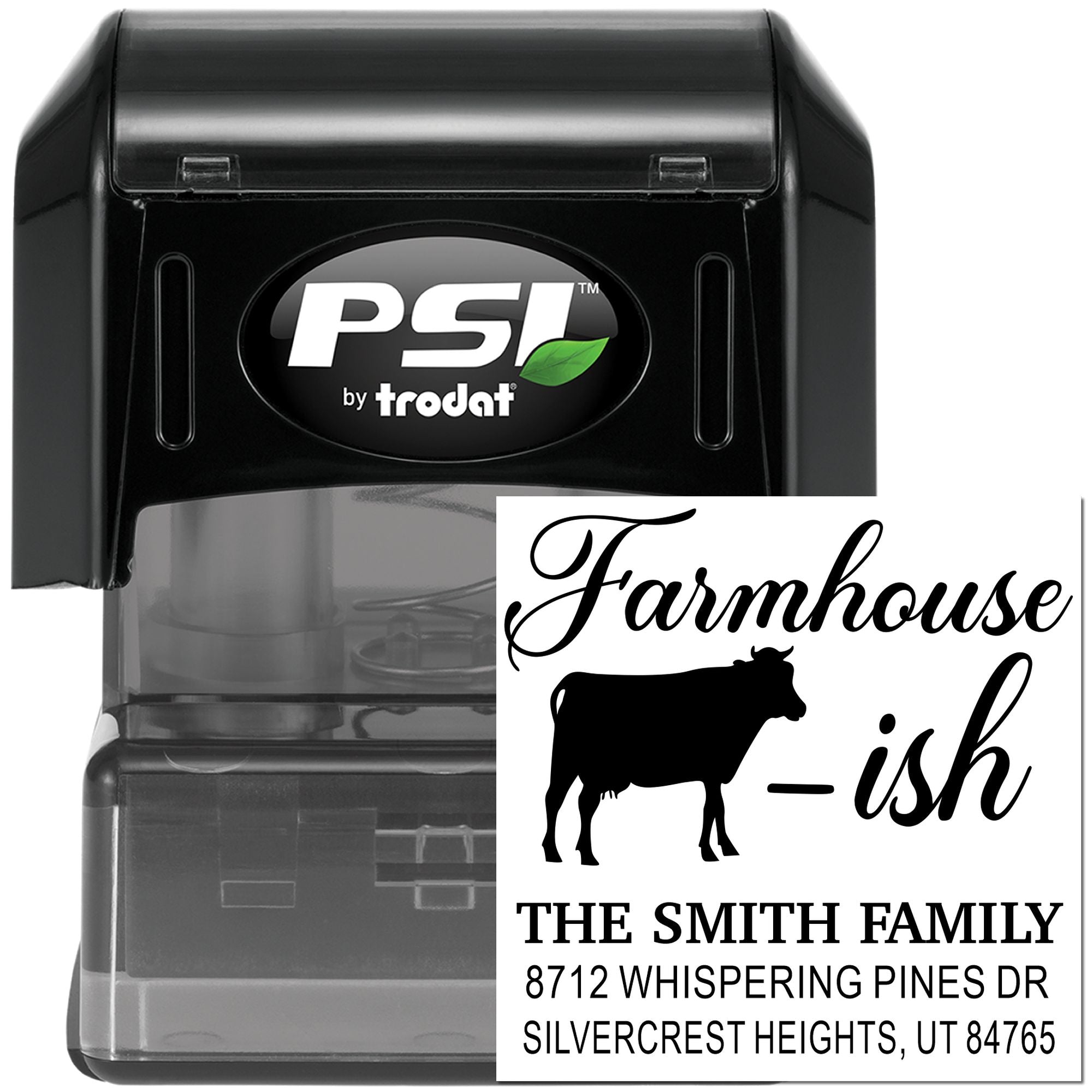 PSI by Trodat self-inking stamps with farmhouse cow address design and personalized family mailing details on white background.