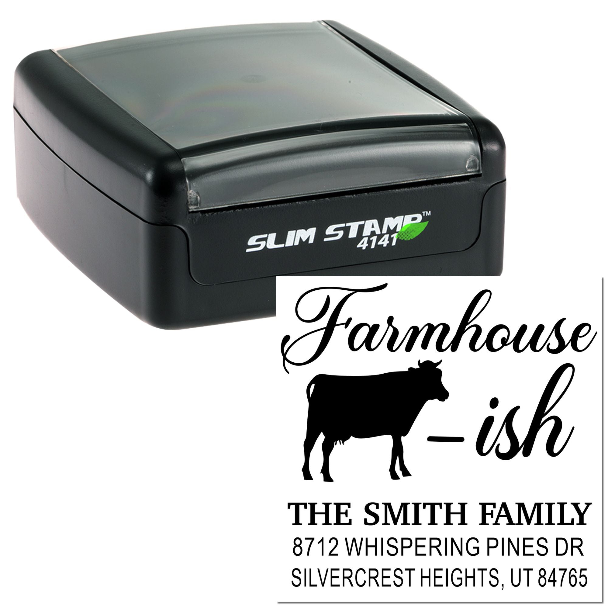 Slim self-inking custom farmhouse stamp with cow silhouette, family name, and address on a white background.