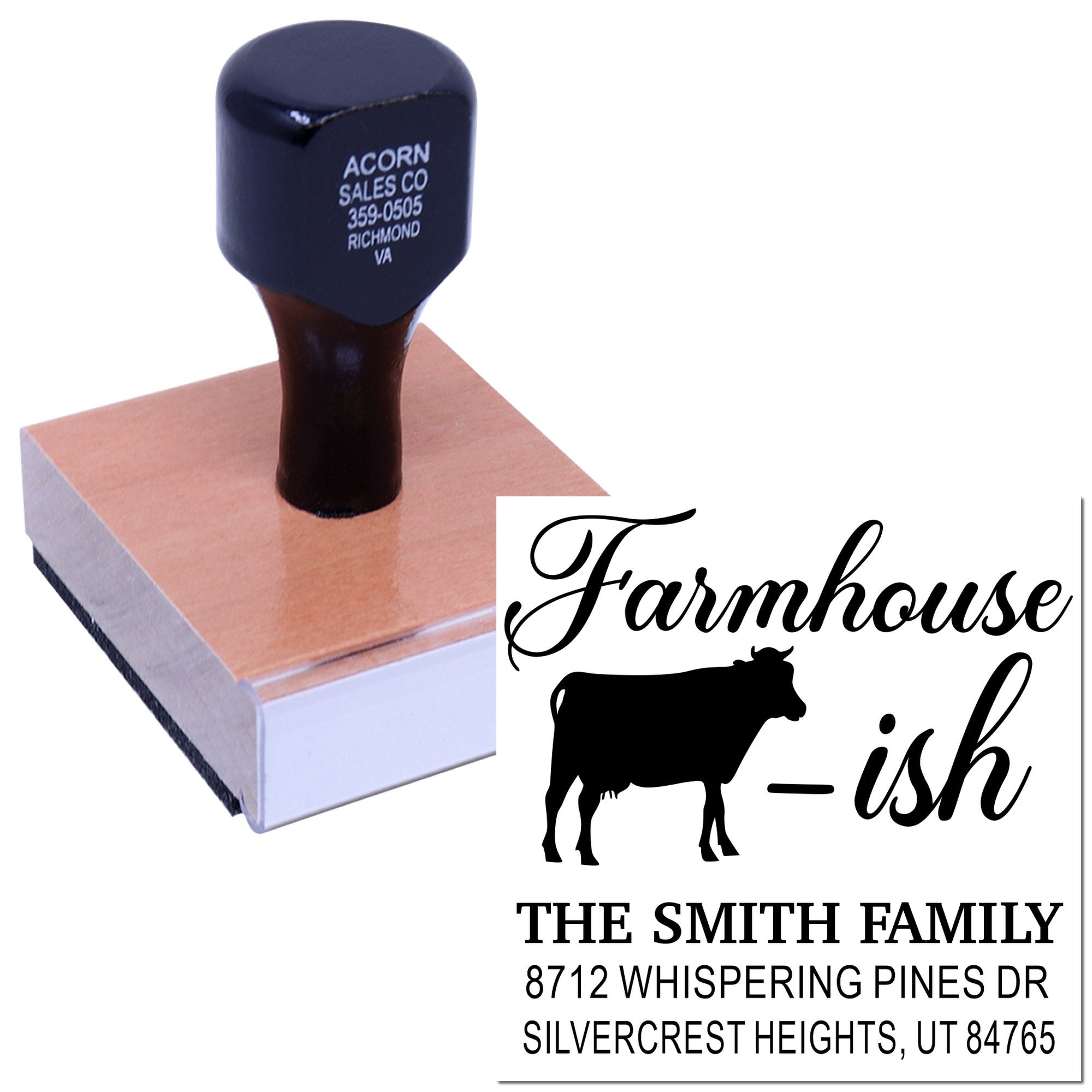 Custom farmhouse address stamp with cow silhouette, wooden handle, and return address design stamped on a white background.