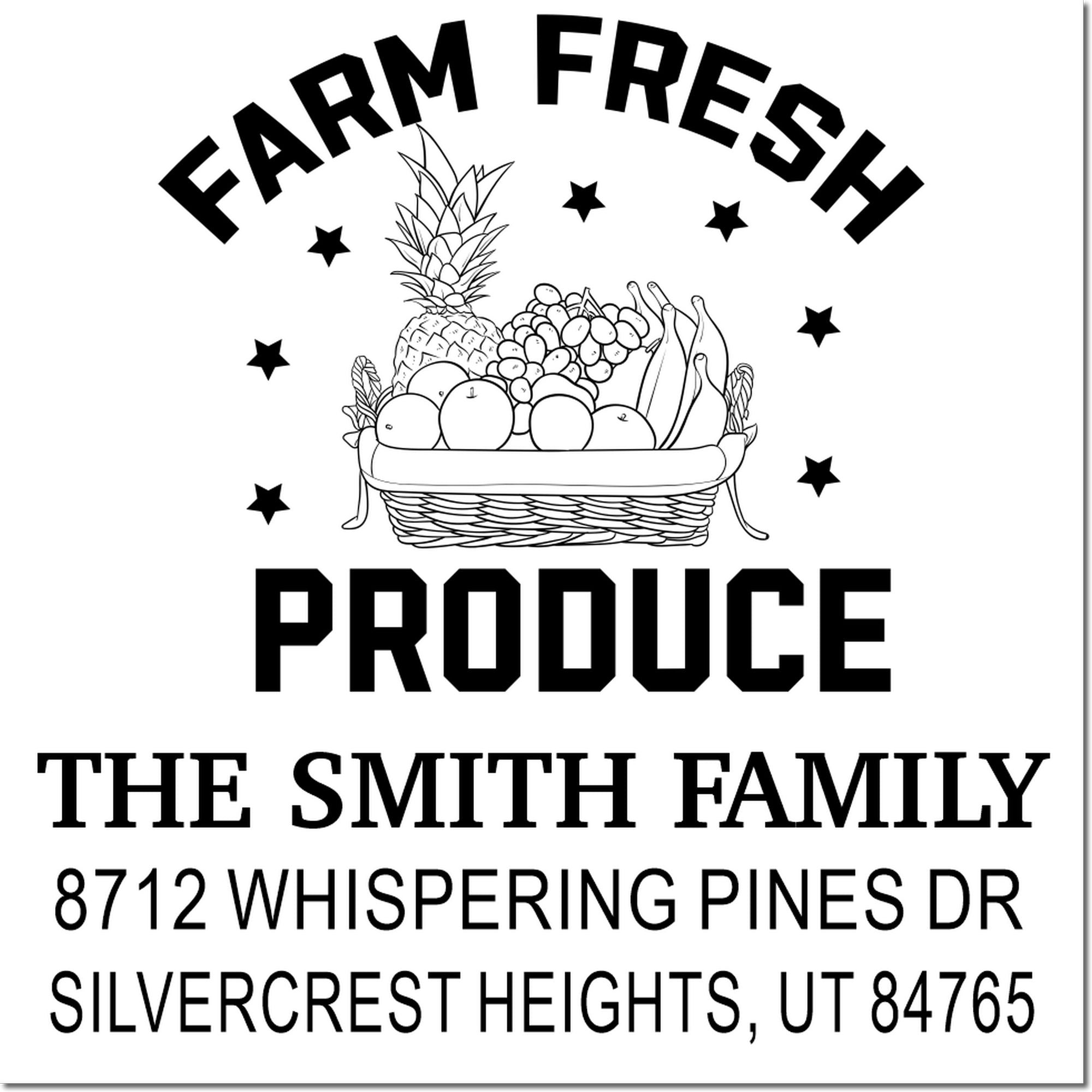 Personalized Farm Fresh Produce stamp with a basket of fruits and vegetables, The Smith Family name, and Silvercrest Heights address.
