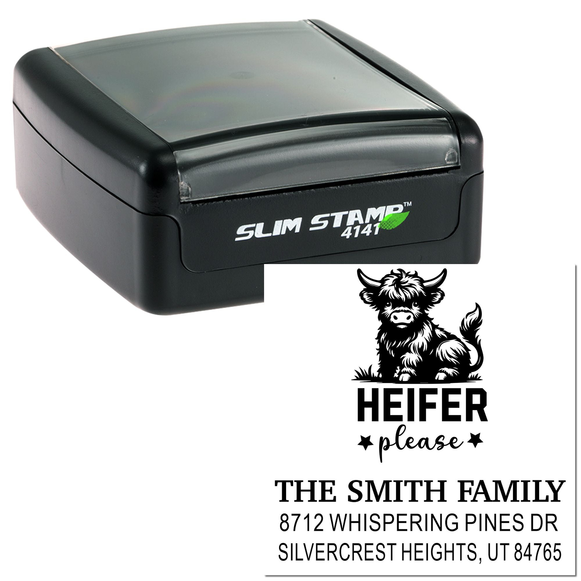 Custom self-inking Slim Stamp with heifer please design and Smith family address, shown on a white background.