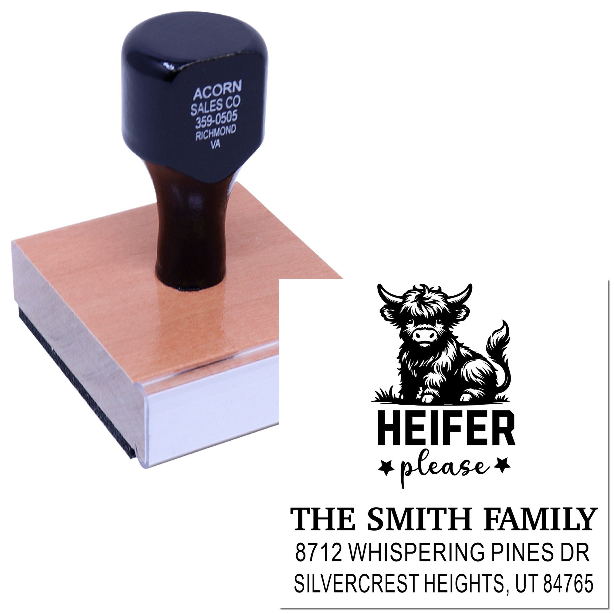 Custom heifer address stamp with cow graphic and The Smith Family address, shown on a white background.
