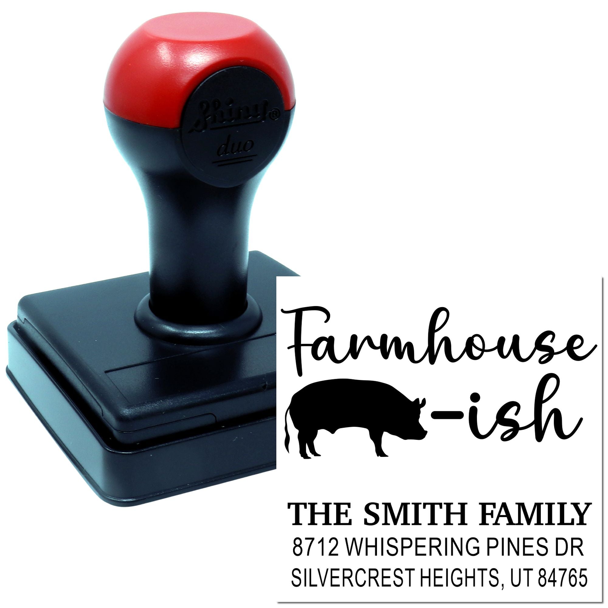 Personalized self-inking rubber stamp with red-and-black handle, featuring a farmhouse pig design and Smith family return address text.