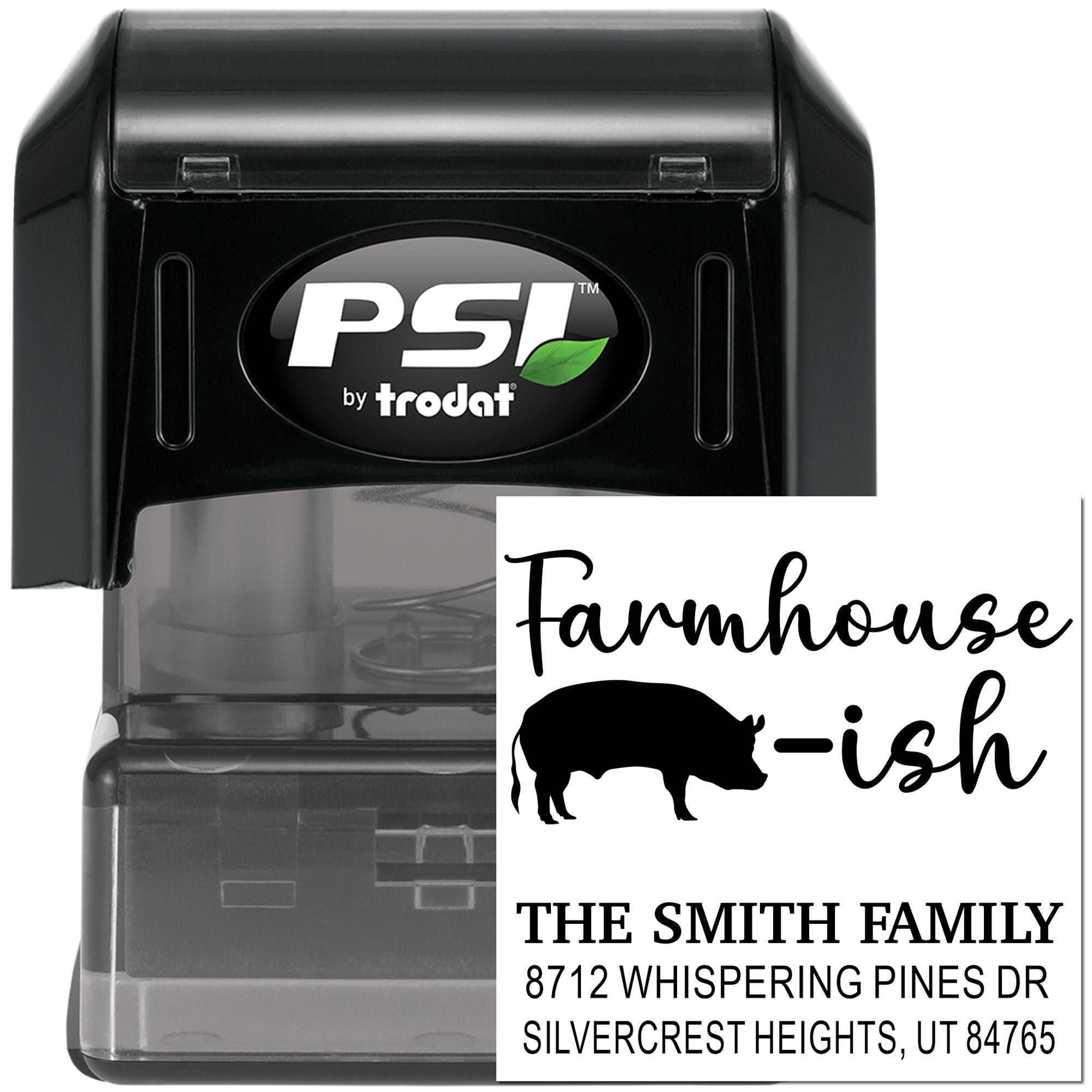 Black PSI by Trodat self-inking return address stamp with farmhouse cow design and custom Smith family Utah address on white background.