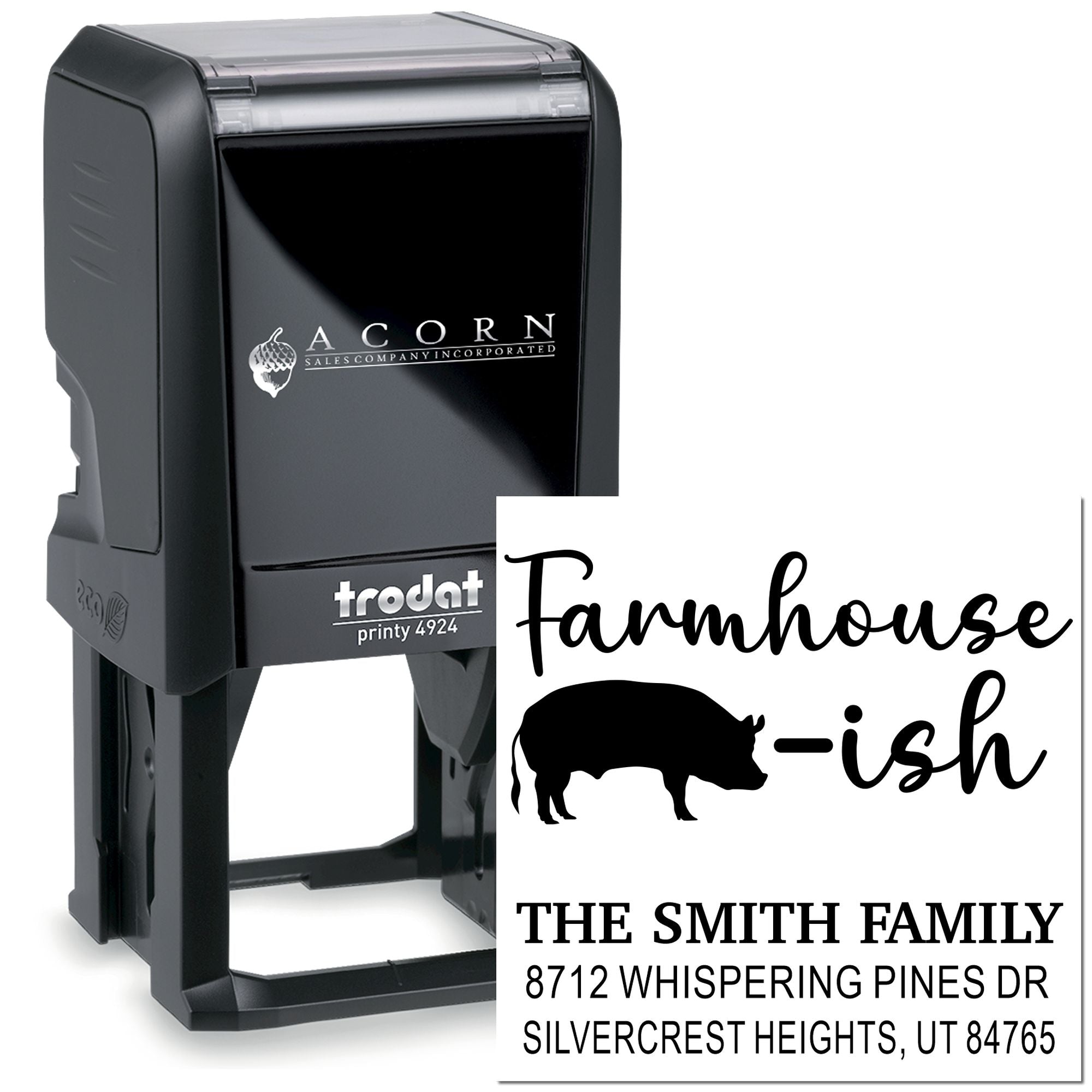 Custom self-inking address stamp with farmhouse pig design, The Smith Family name, and Silvercrest Heights, UT return address on a black Trodat stamp.