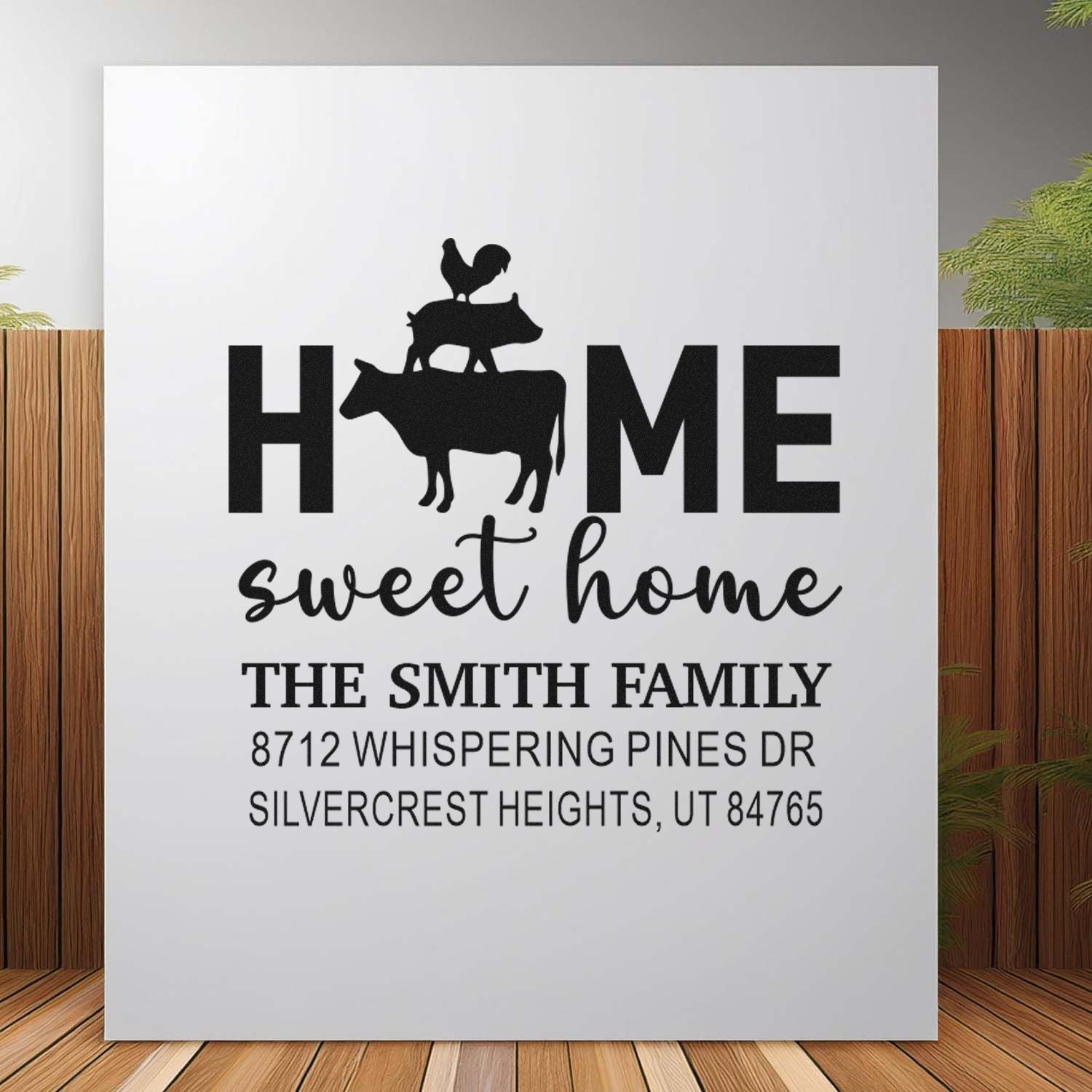 Custom home address stamp with farm animal silhouette and rooster on cow, featuring Home sweet home and Smith family address on white display card.