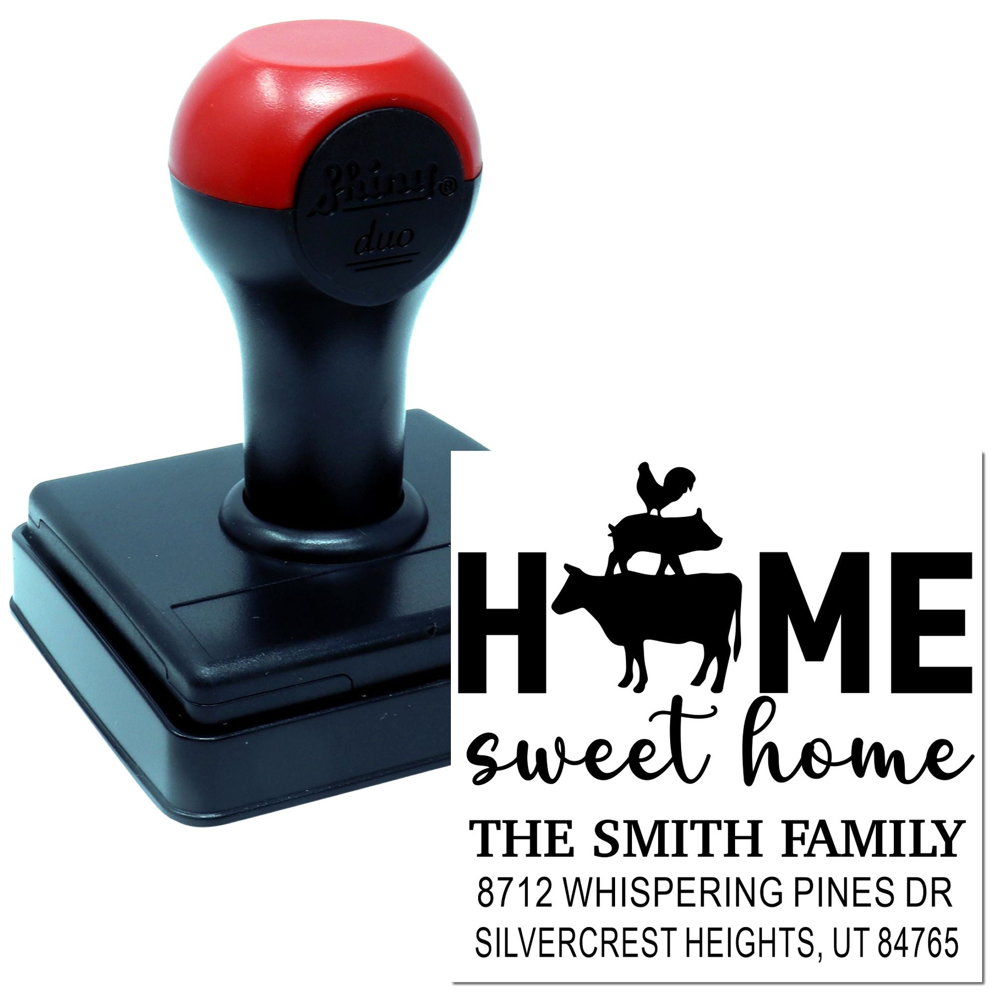 Custom self-inking home address stamp with cow, rooster and HOME sweet home design, plus family name and address on white background.