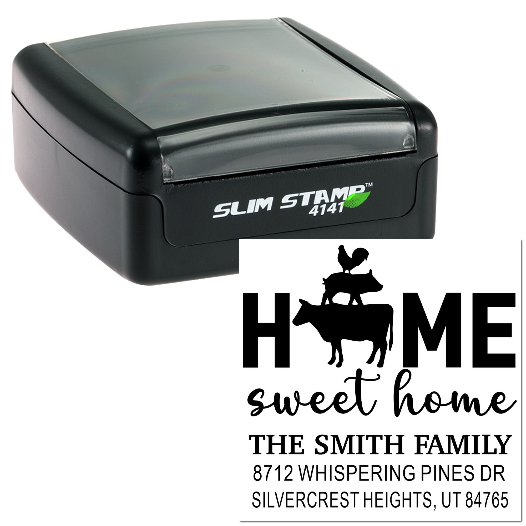 Self-inking Slim Stamp 4141 with custom farmhouse home sweet home address imprint, featuring cow and rooster silhouette and The Smith Family address.