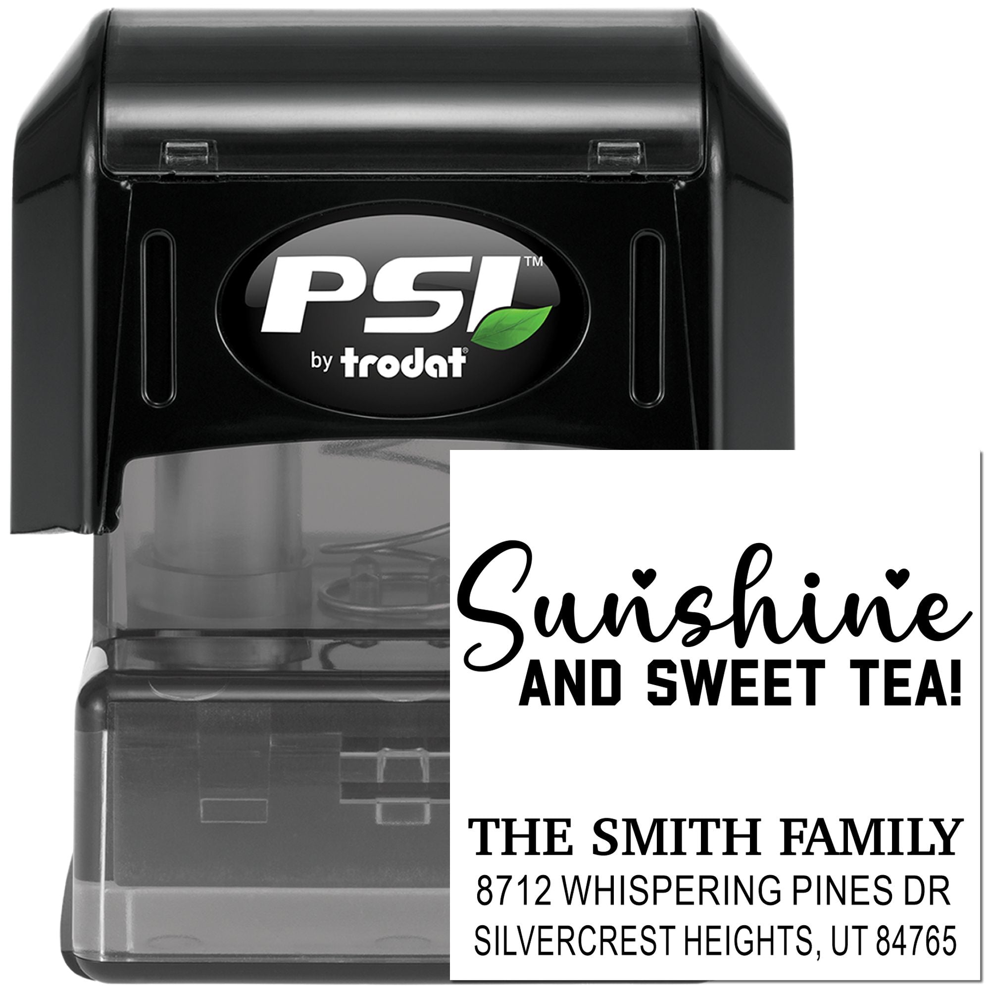 Self-inking PSI by Trodat custom address stamp with Sunshine and Sweet Tea! for the Smith family, shown on a white background.