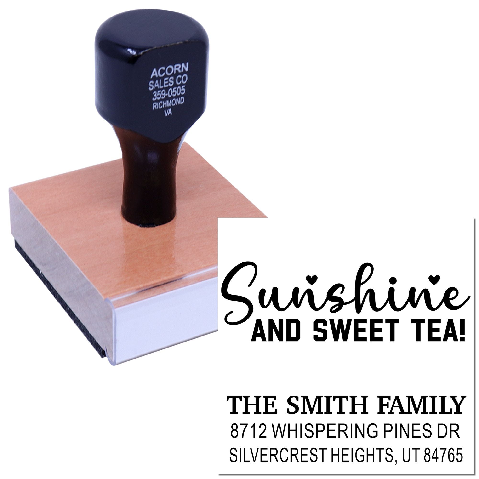 Custom address stamp on white background, featuring Sunshine and Sweet Tea! and The Smith Family return address.