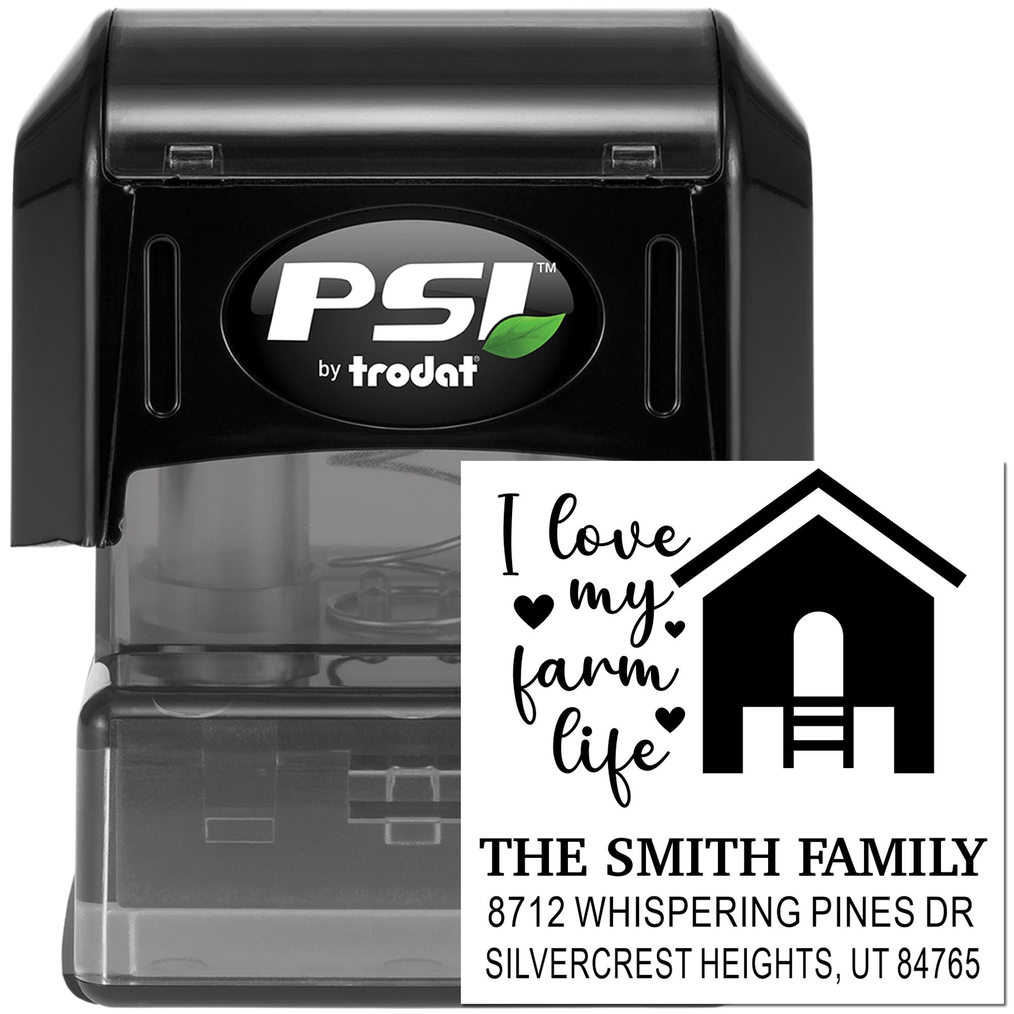 Custom self-inking PSI by Trodat address stamp with farmhouse I love my farm life design and The Smith Family return address.