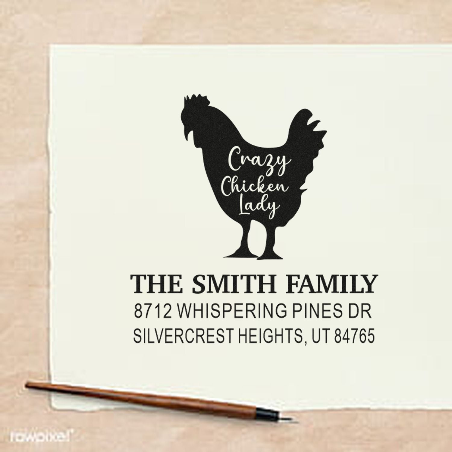 Custom return address stamp with chicken silhouette reading Crazy Chicken Lady, featuring The Smith Family name and Utah address.