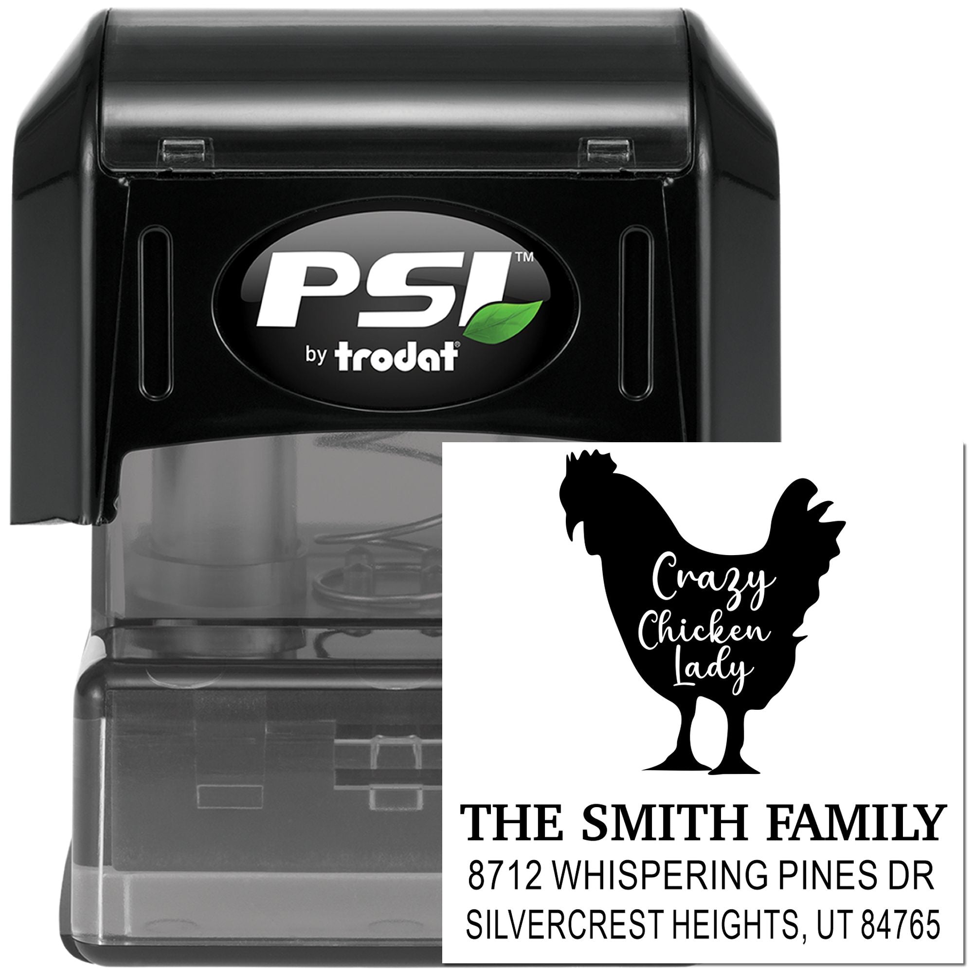 Custom PSI by Trodat self-inking address stamp with Crazy Chicken Lady chicken silhouette and Smith family return address on white background