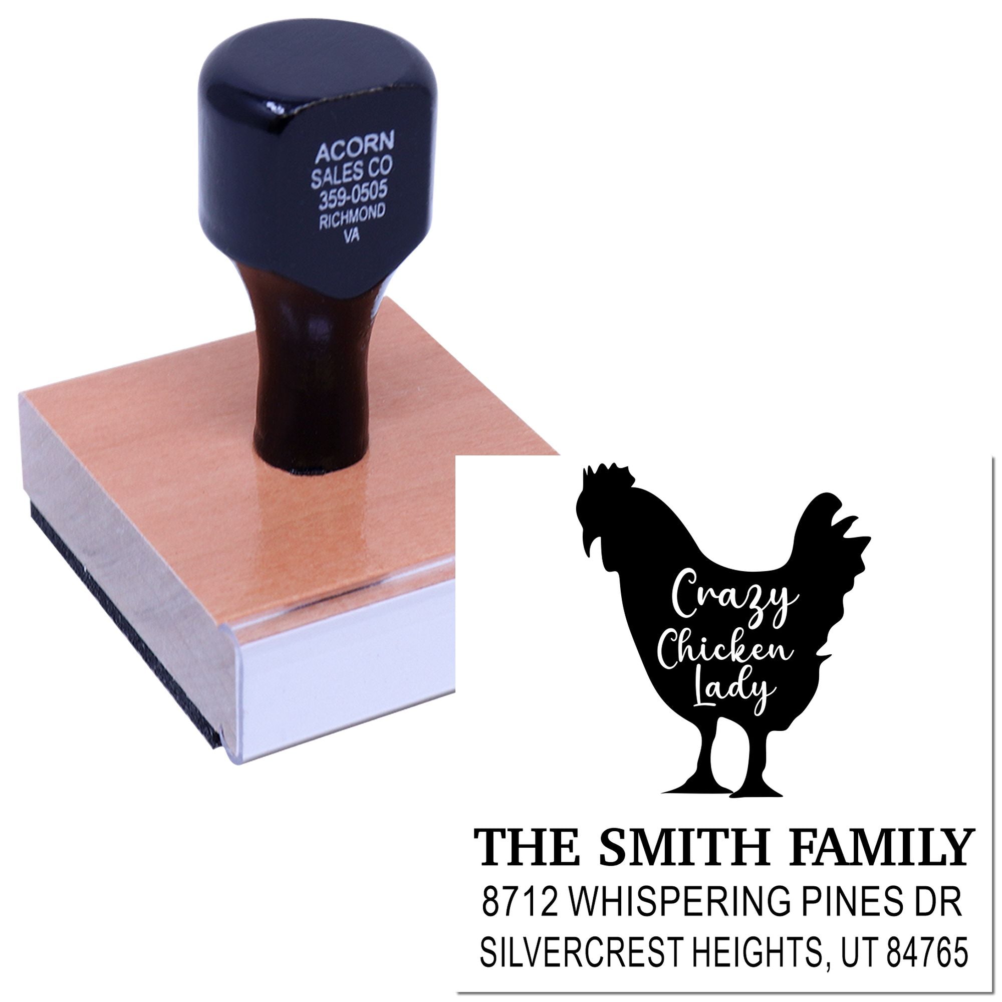 Custom self-inking stamp with chicken silhouette and Crazy Chicken Lady design, shown on paper with family name and Utah address.
