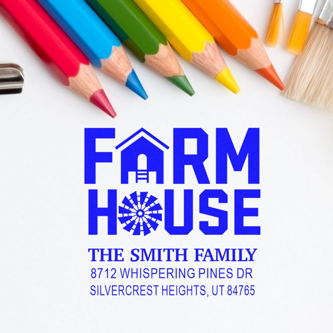 Custom Farm House address stamp for The Smith Family, with colored pencils and paintbrushes on a white background, featuring Silvercrest Heights, UT.