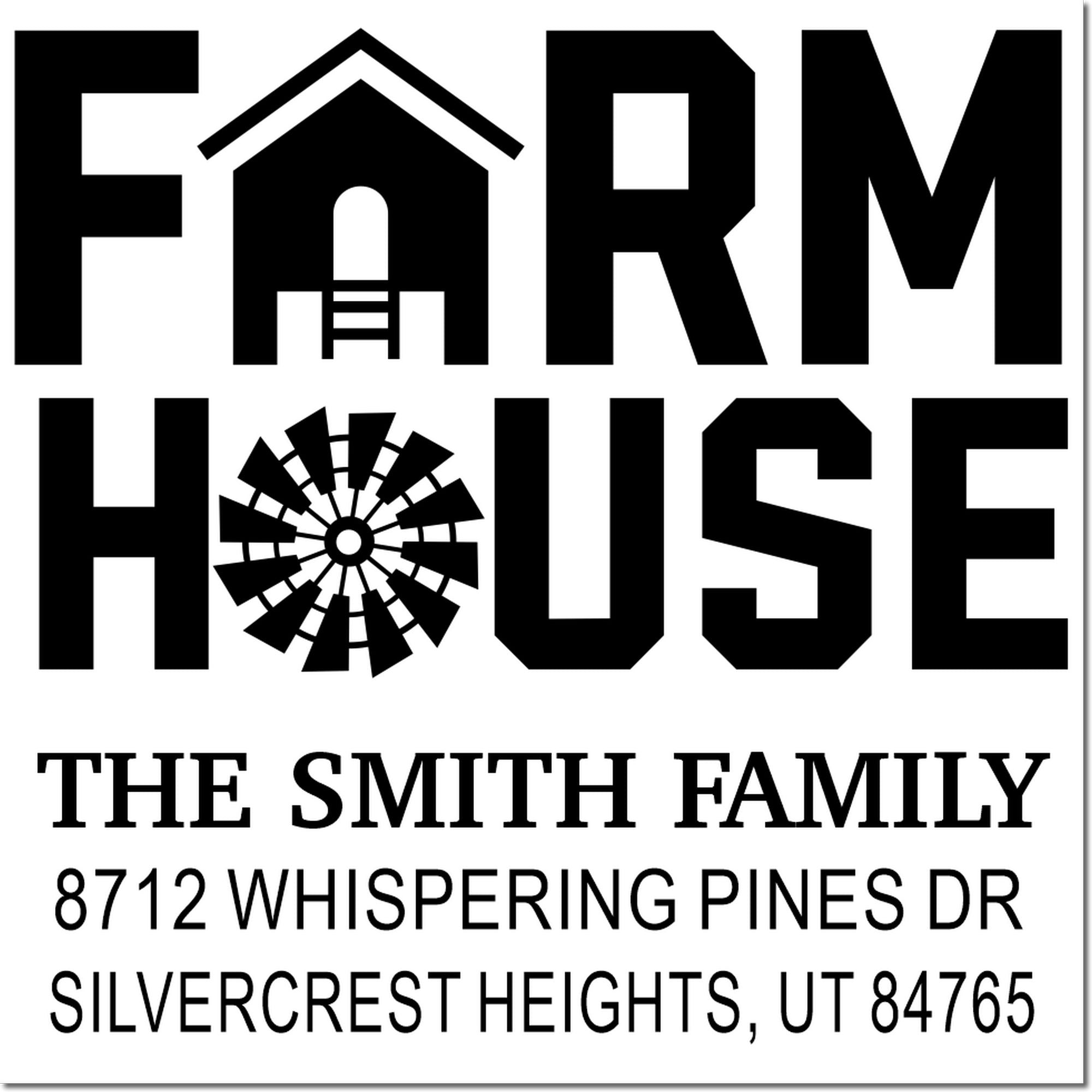 Farm house address stamp with barn and windmill icons, reading THE SMITH FAMILY, 8712 Whispering Pines Dr, Silvercrest Heights, UT 84765.