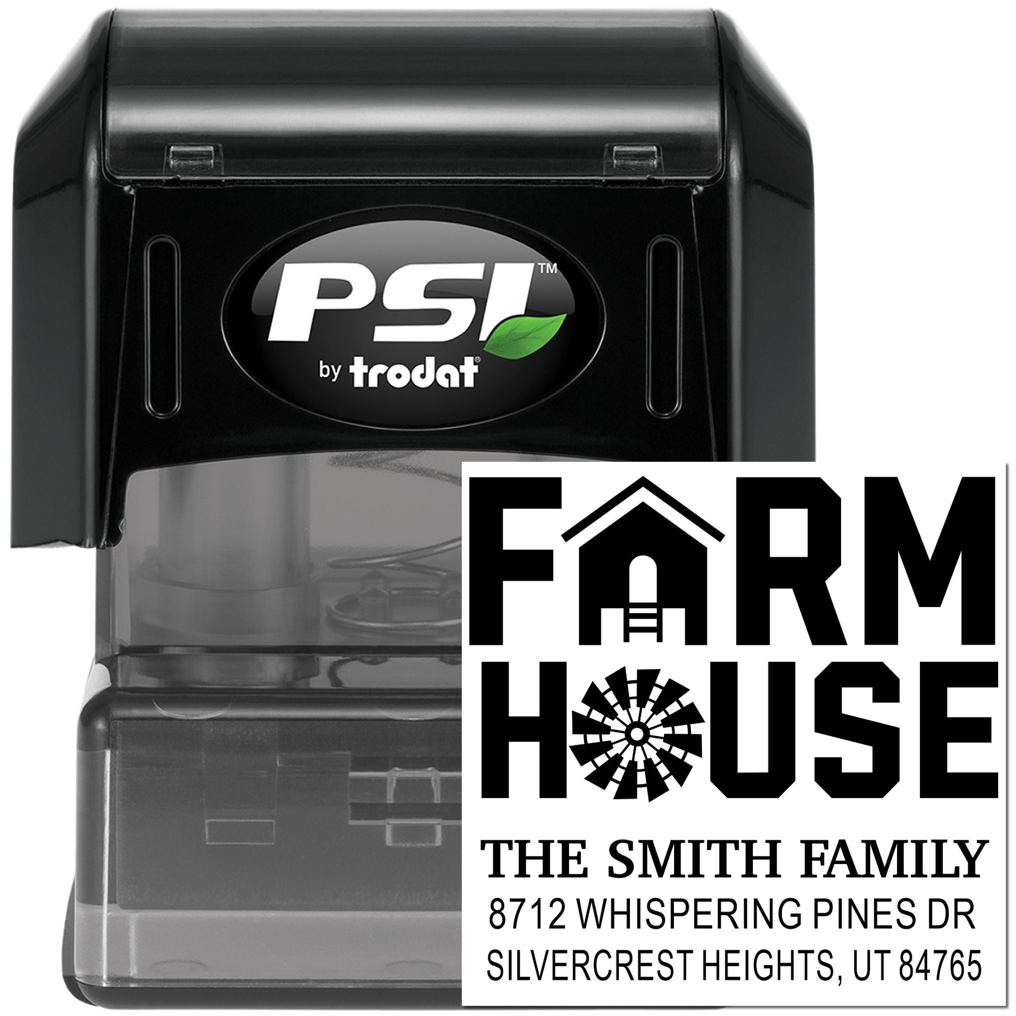 Black PSI by Trodat self-inking stamp with Farm House return address imprint, showing The Smith Family name and home address on white background.