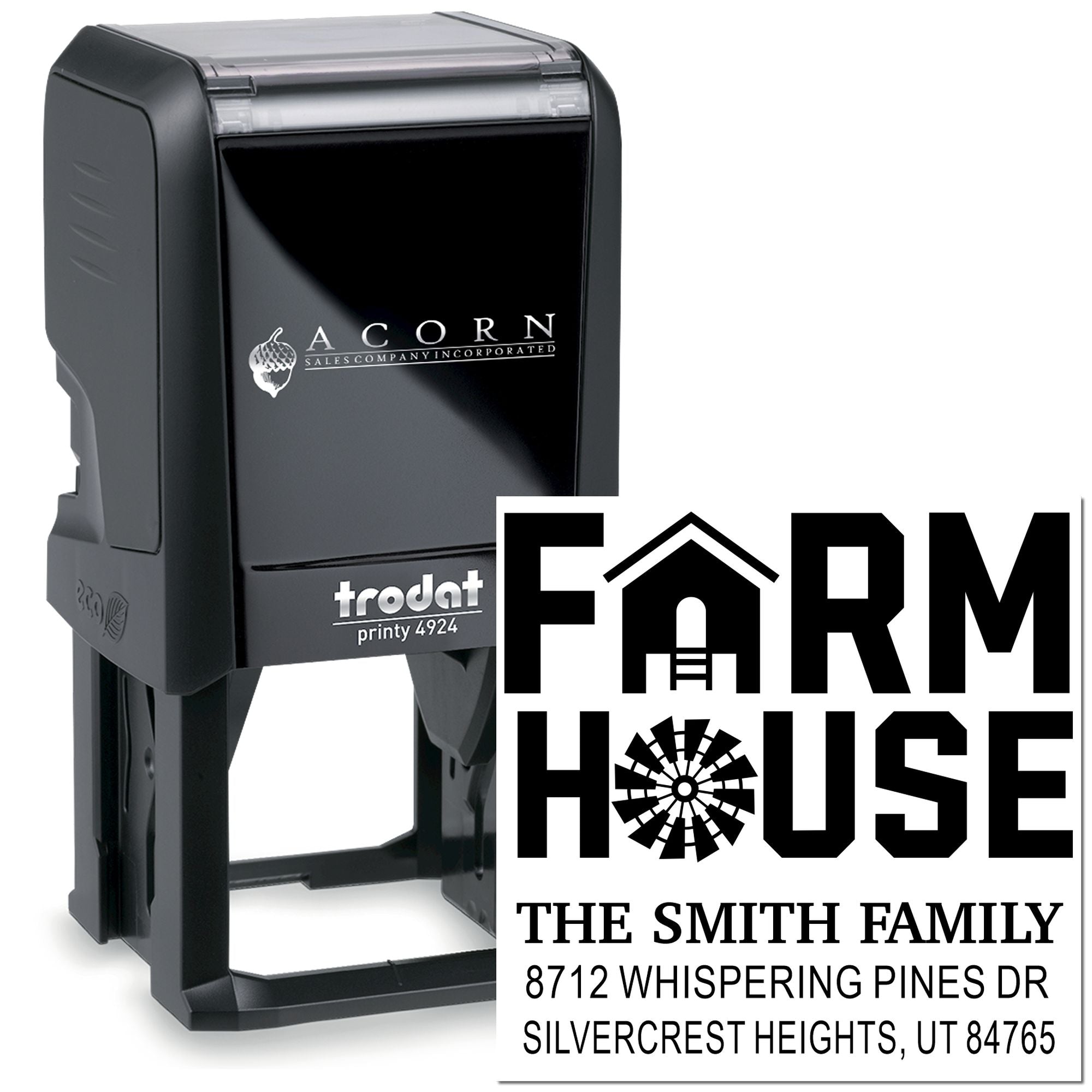 Custom self-inking Trodat address stamp with FARM HOUSE logo, The Smith Family name, and address on a black stamp against a white background.