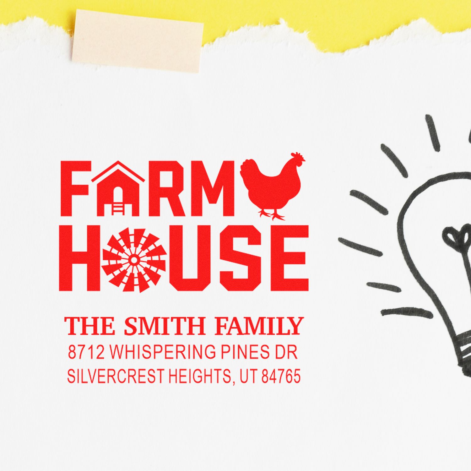 Red Farm House return address stamp for The Smith Family on white paper, featuring a chicken, barn icon and hand-drawn lightbulb doodle.