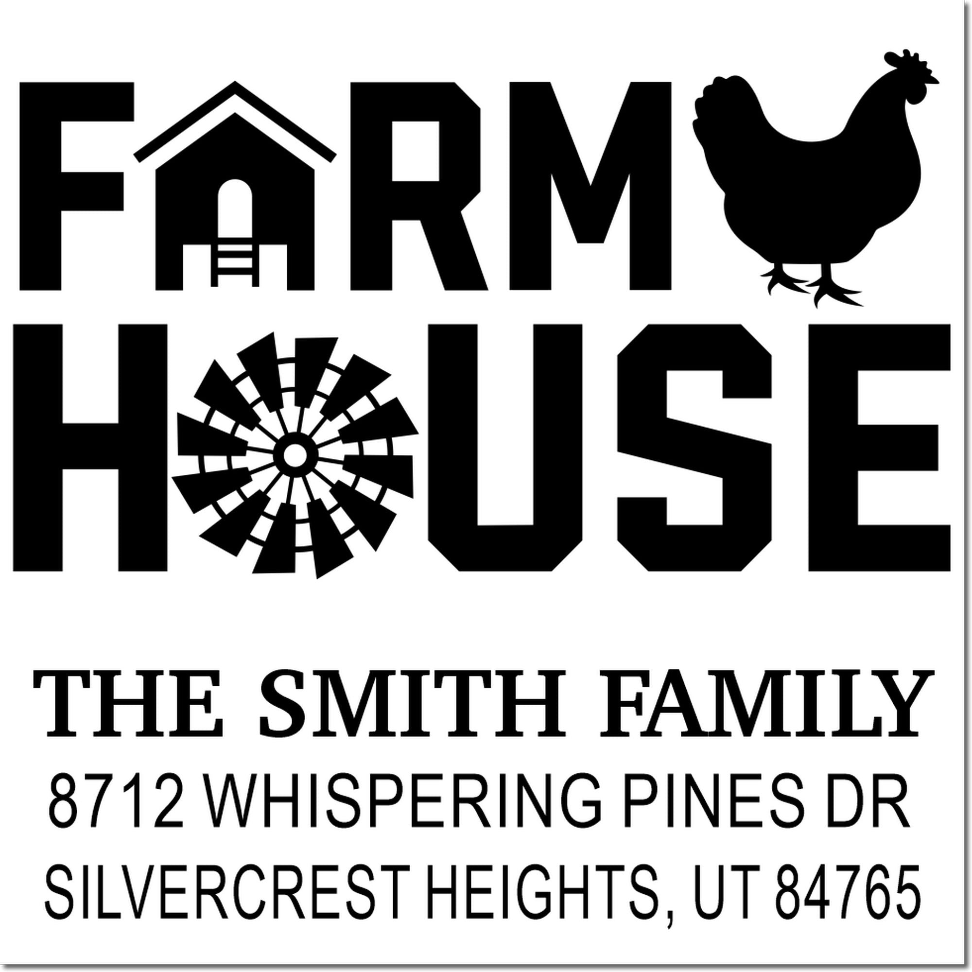 Custom farm house return address stamp with barn, chicken, and windmill icons; Smith family, 8712 Whispering Pines Dr, Silvercrest Heights UT 84765.