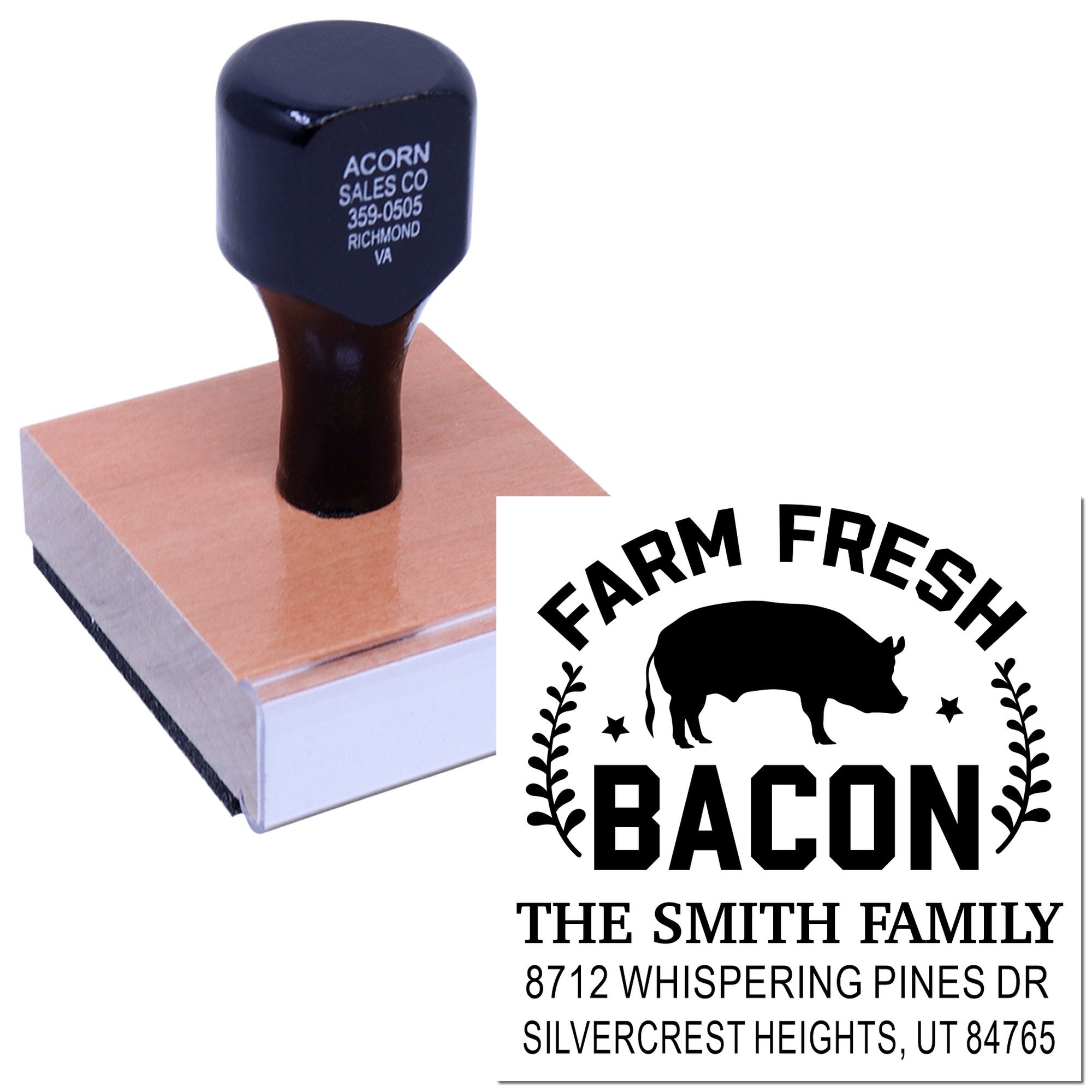 Custom farm fresh bacon rubber stamp with pig graphic and address imprint, shown on a self-inking stamp block on a white background.