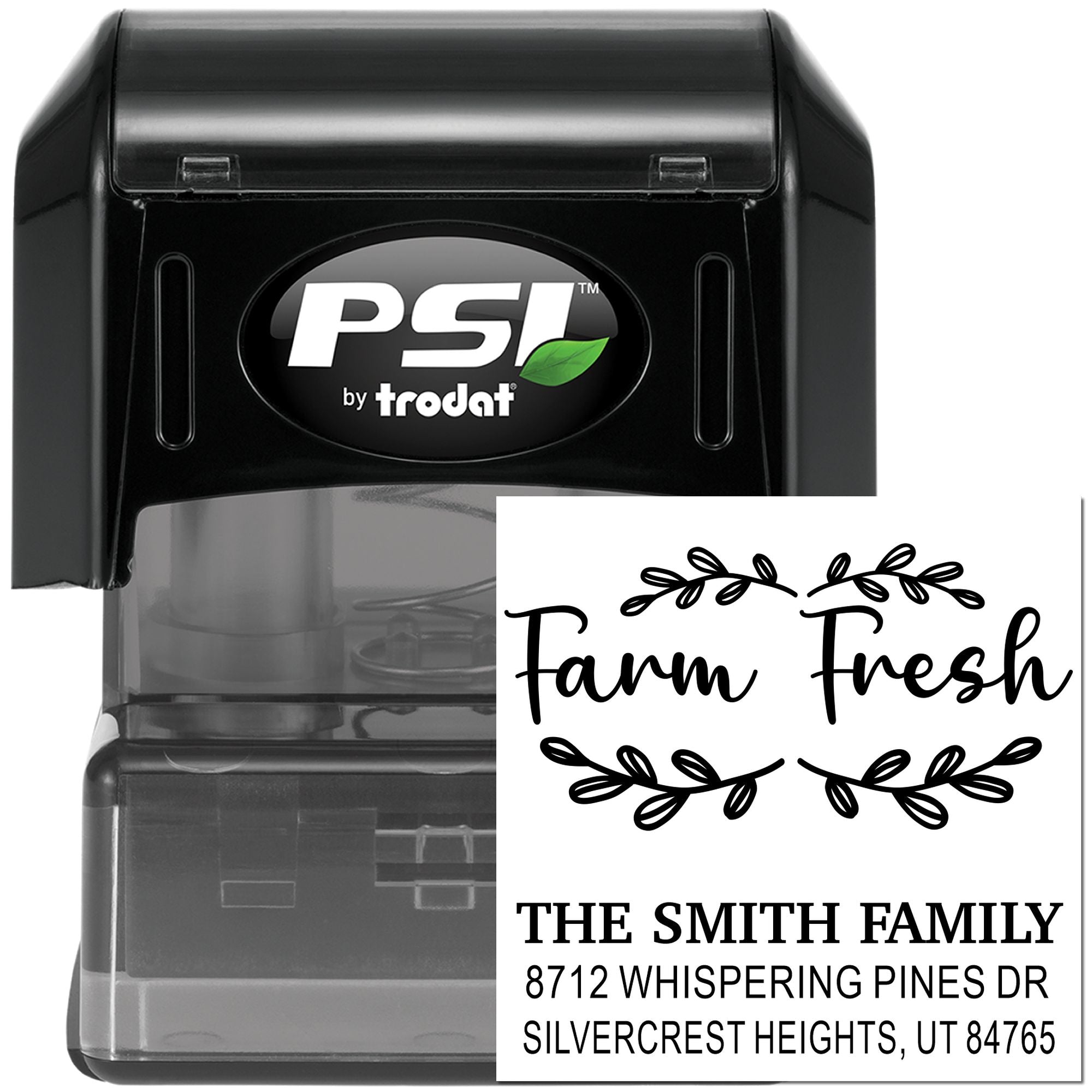 PSI by Trodat self-inking address stamp with Farm Fresh design, family name, and Utah return address on white background.