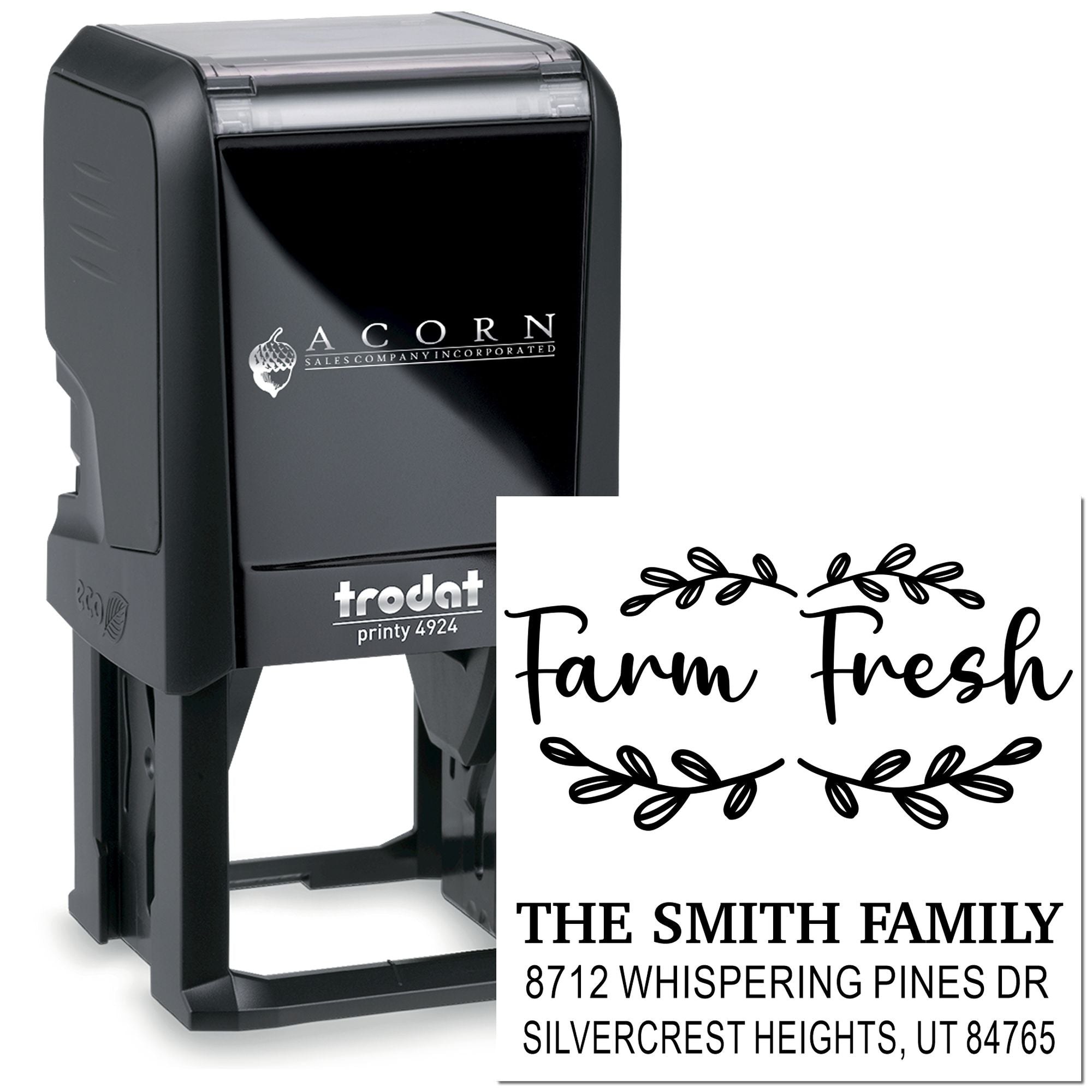 Custom self-inking Trodat address stamp with Farm Fresh design for The Smith Family, featuring floral accents and Silvercrest Heights, UT address.