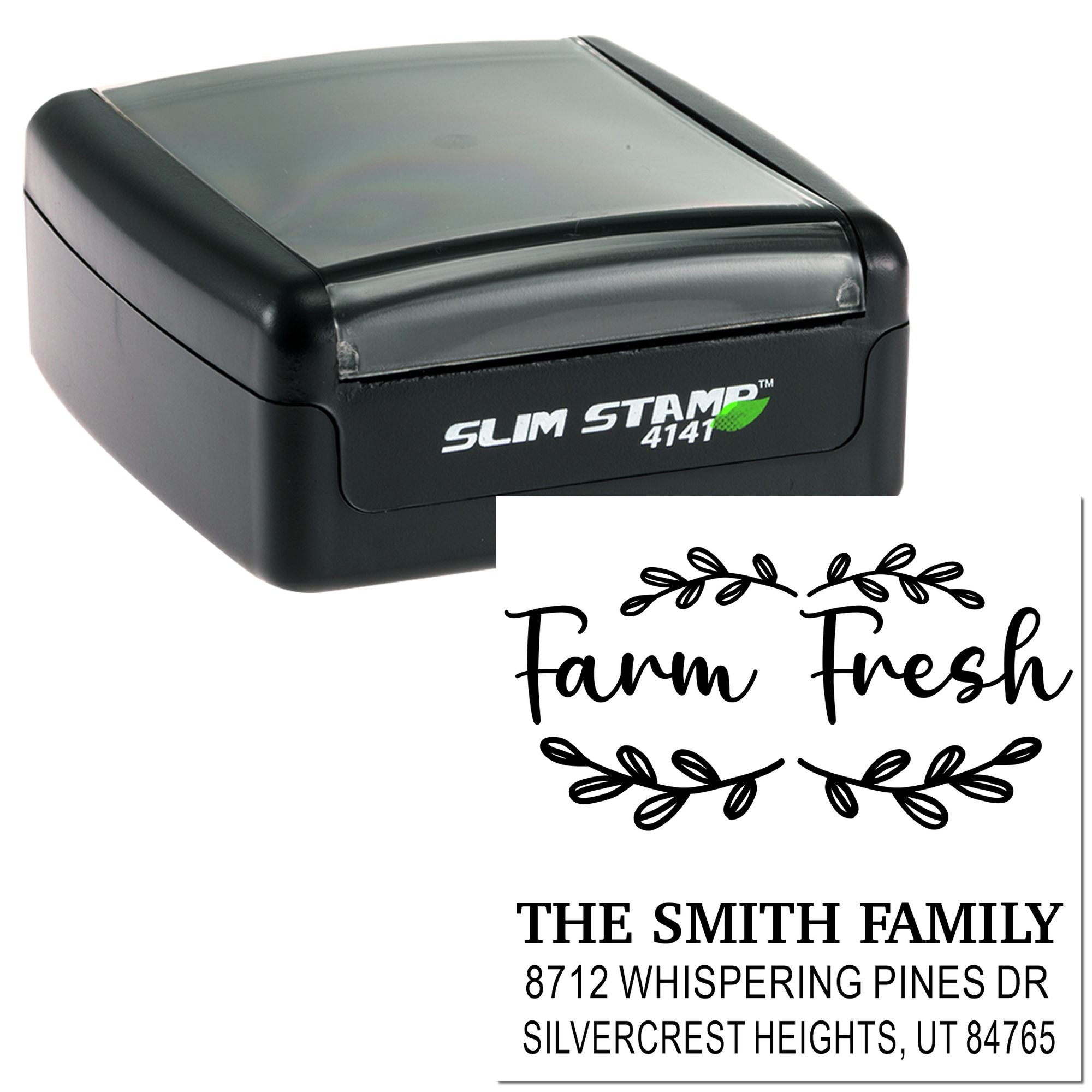 Slim Stamp self-inking custom address stamp with Farm Fresh design, The Smith Family name, and Utah mailing address on white background.