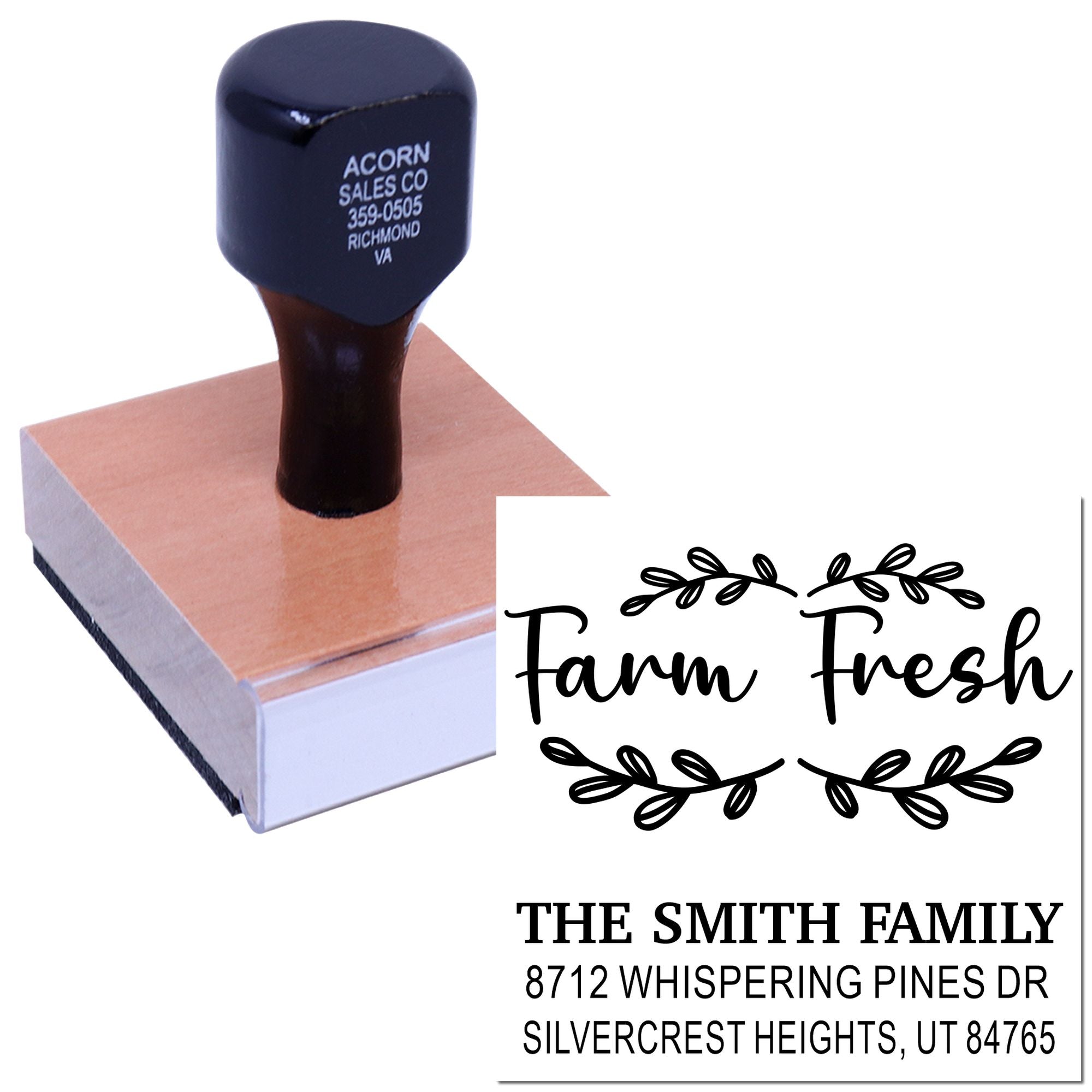 Custom self-inking address stamp with Farm Fresh wreath design and The Smith Family return address on a white product display.