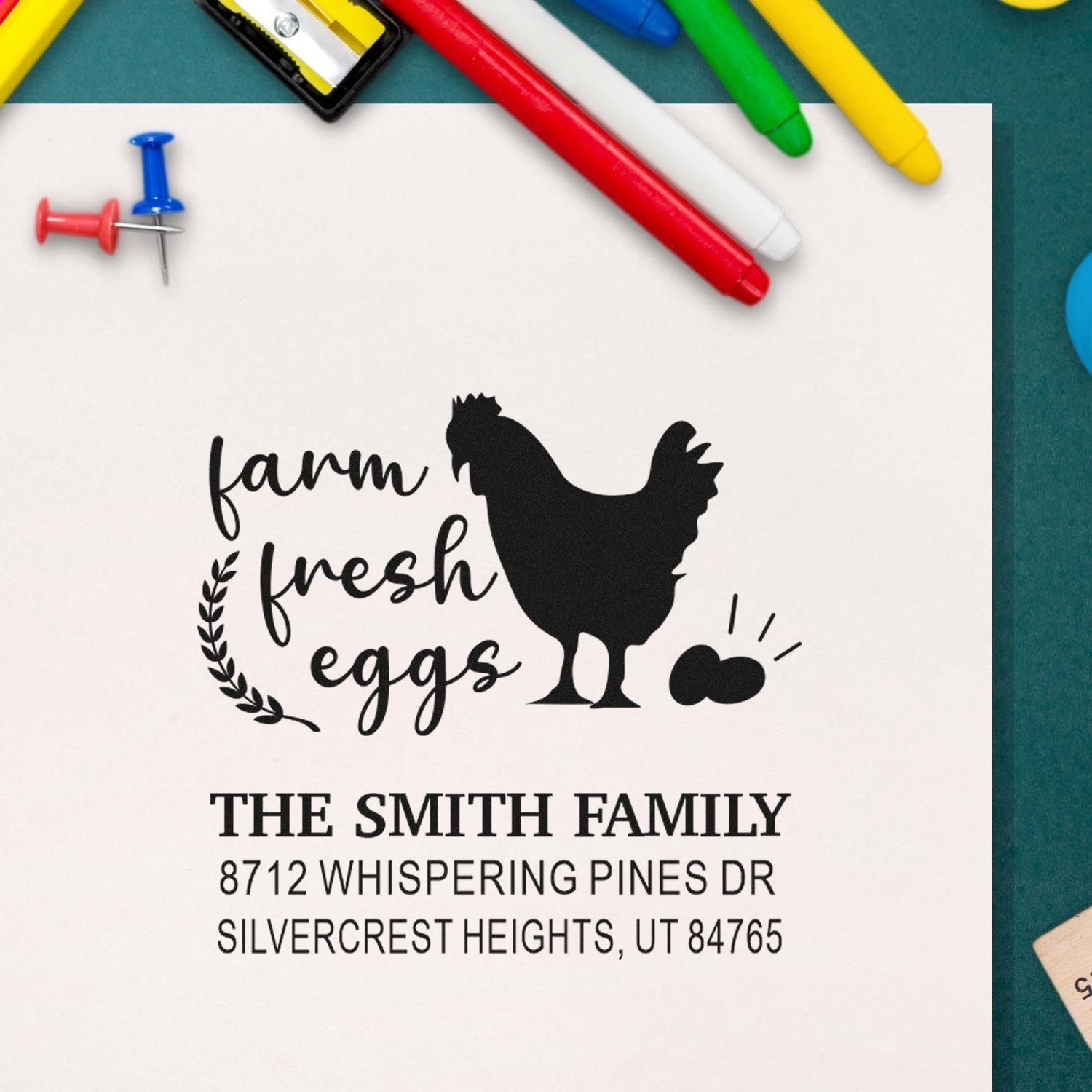 Custom farm fresh eggs return address stamp with chicken silhouette, The Smith Family address, displayed with colorful pens on a desk.