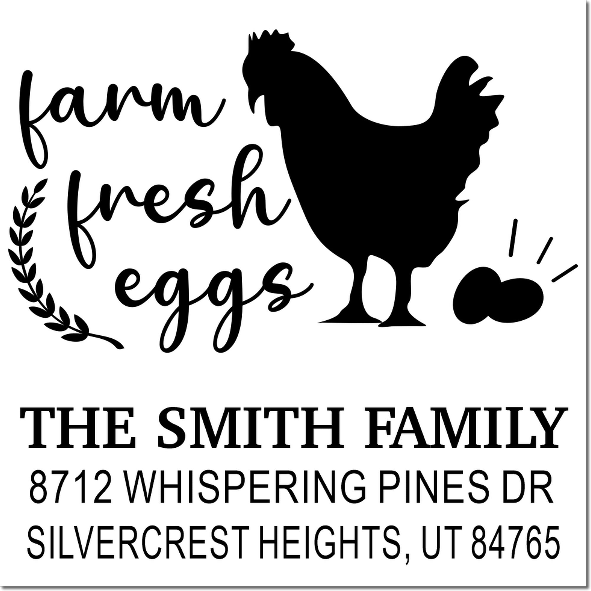 Personalized farm fresh eggs stamp with chicken silhouette, laurel branch, and family name and address text on a white background.