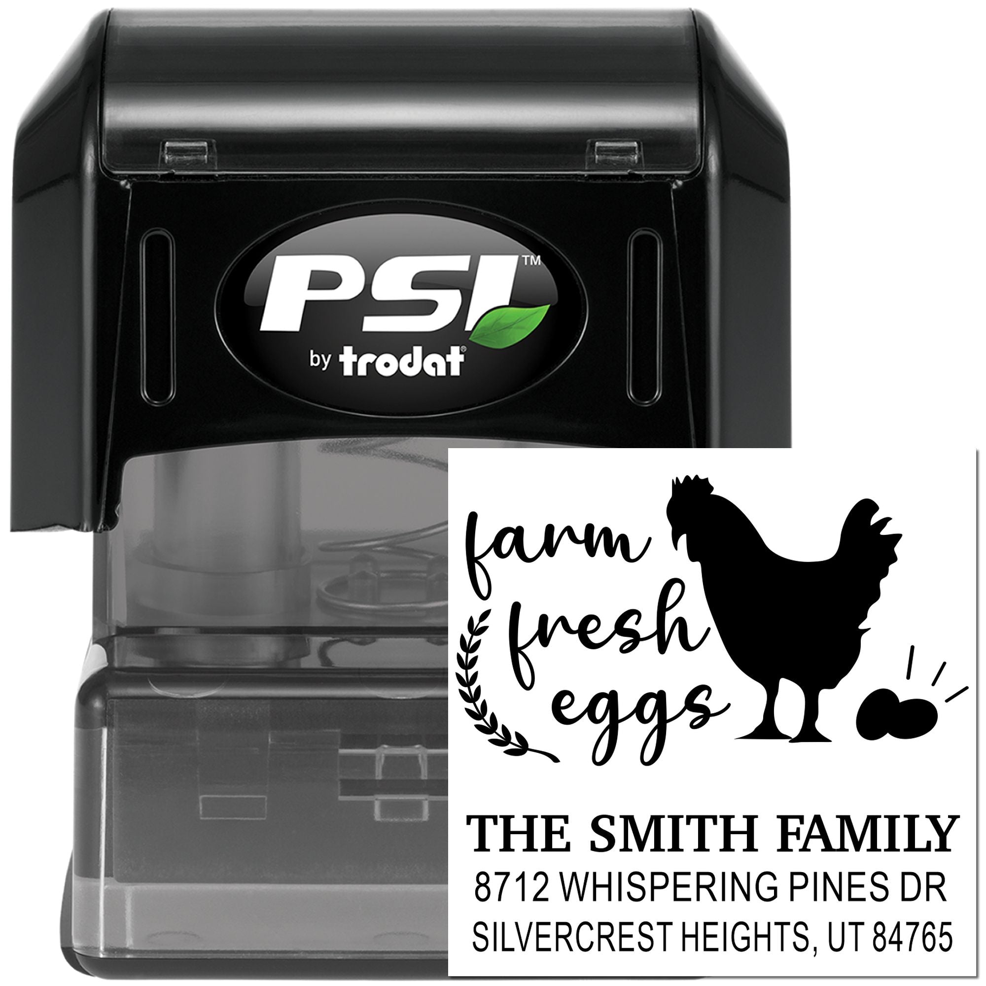 PSI by Trodat self-inking stamp with custom farm fresh eggs return address design, chicken silhouette, family name, and mailing address on white background.