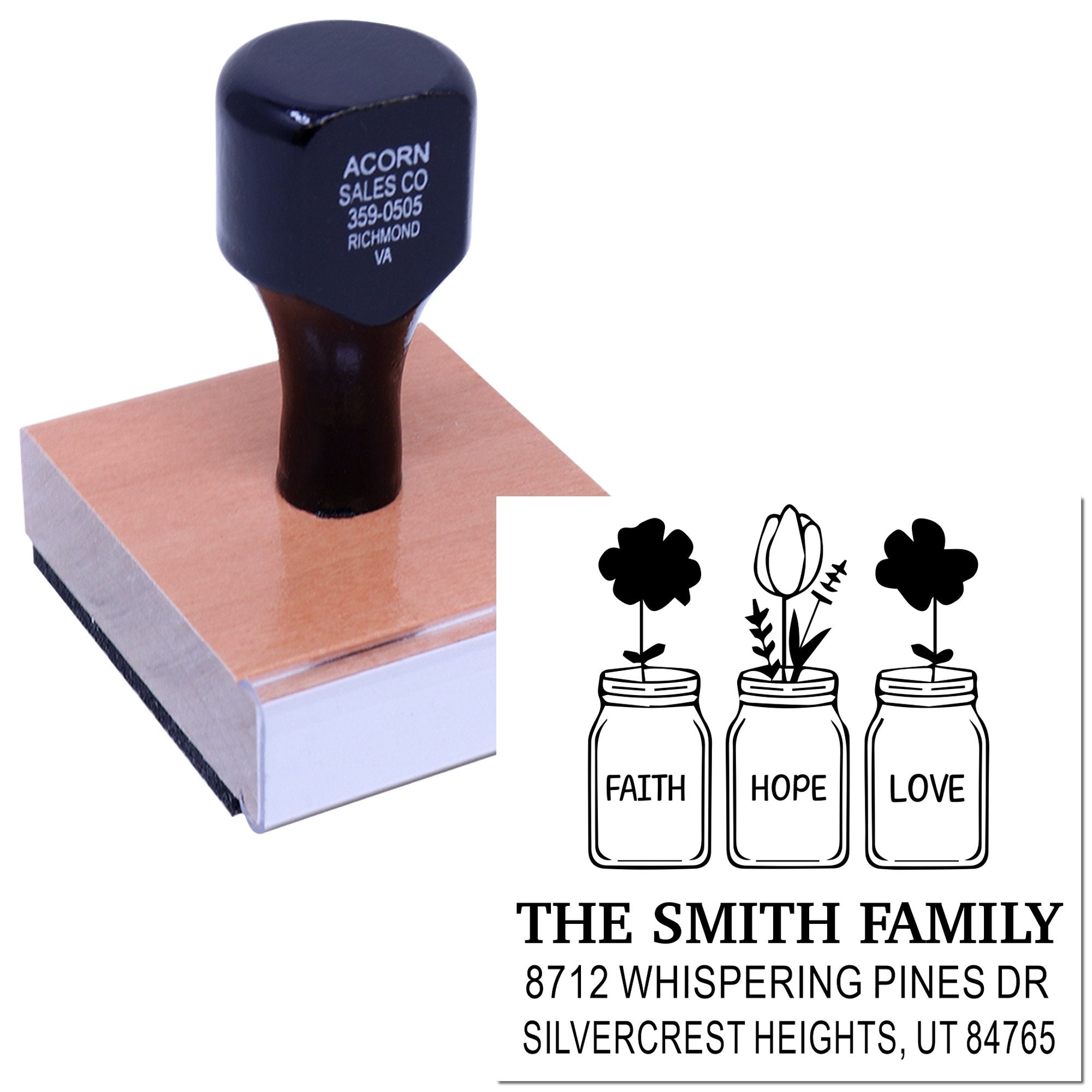 Custom self-inking address stamp with faith, hope, love mason jar design for The Smith Family, shown on a wooden mount with sample imprint.