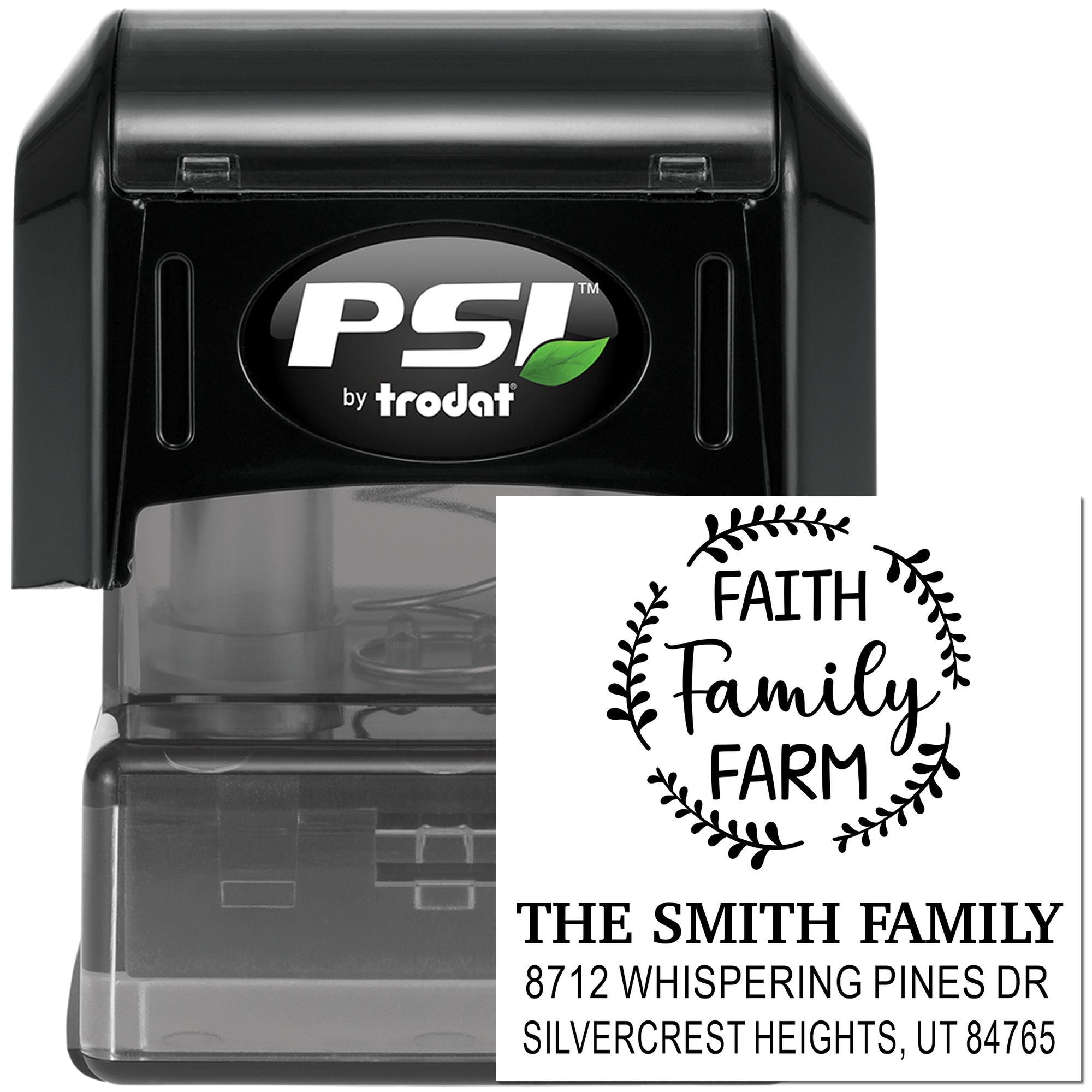 PSI by Trodat self-inking custom address stamp with Faith Family Farm design, Smith family name and address on a white background.