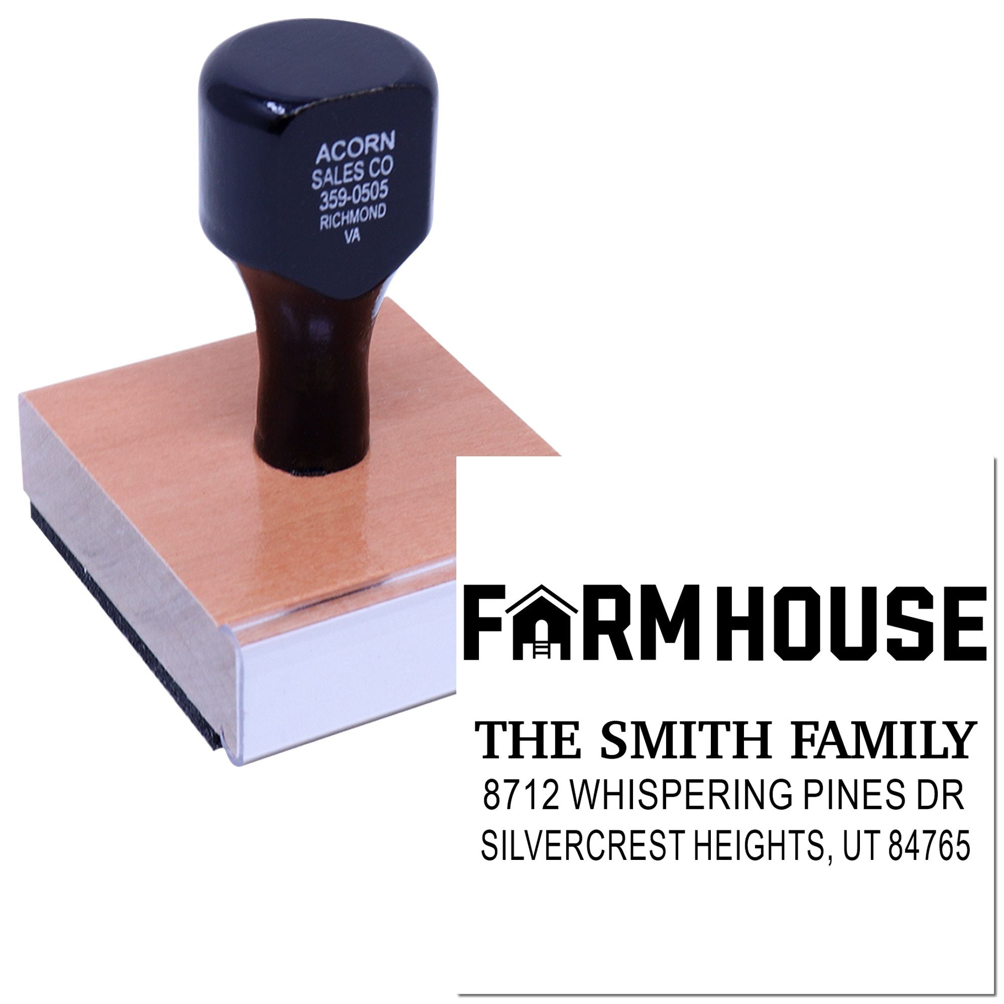Custom farmhouse address stamp with The Smith Family return address, shown pressing a wooden self-inking stamp on white paper.