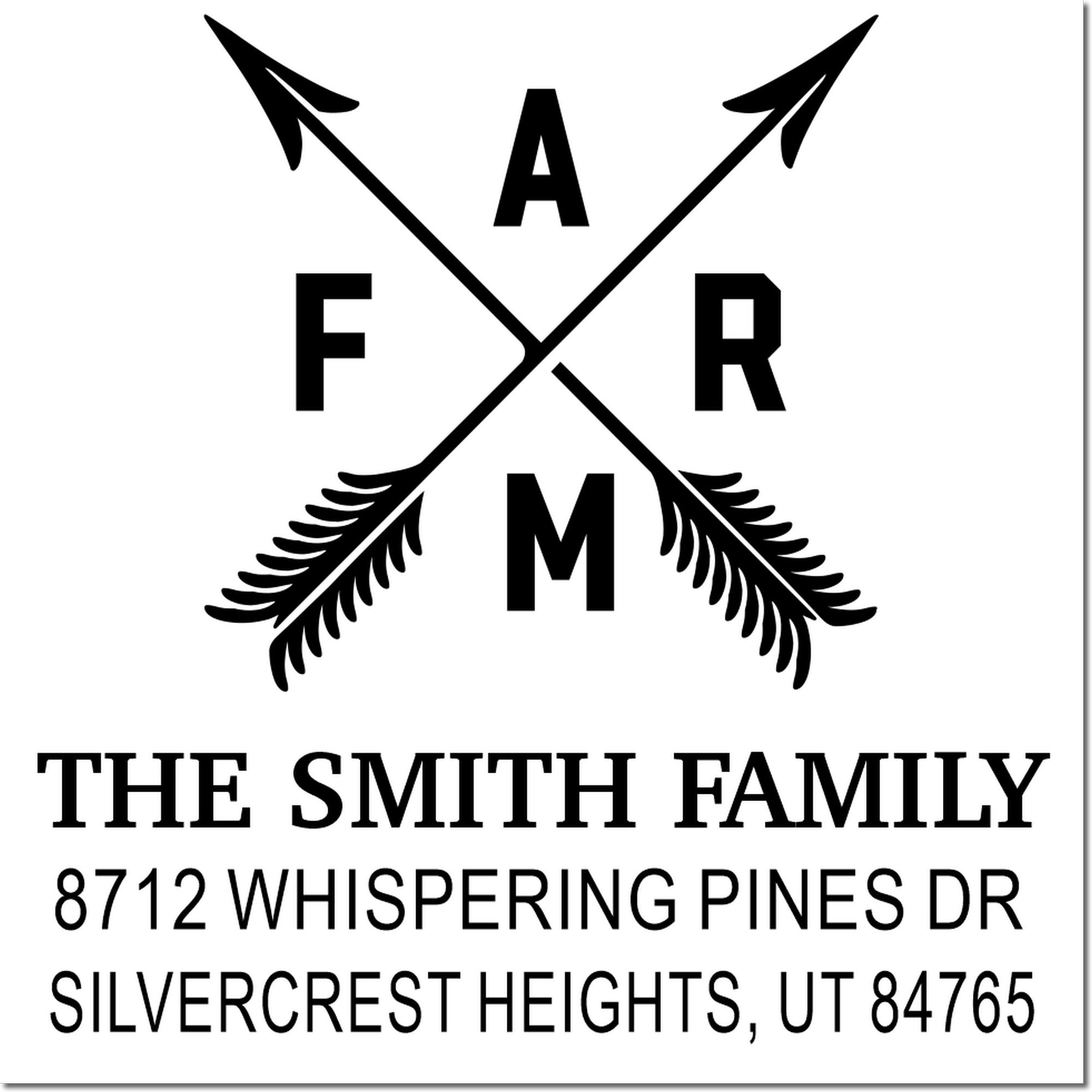 Custom family return address stamp with crossed arrow monogram, Smith Family name, and Silvercrest Heights, UT address on white background.