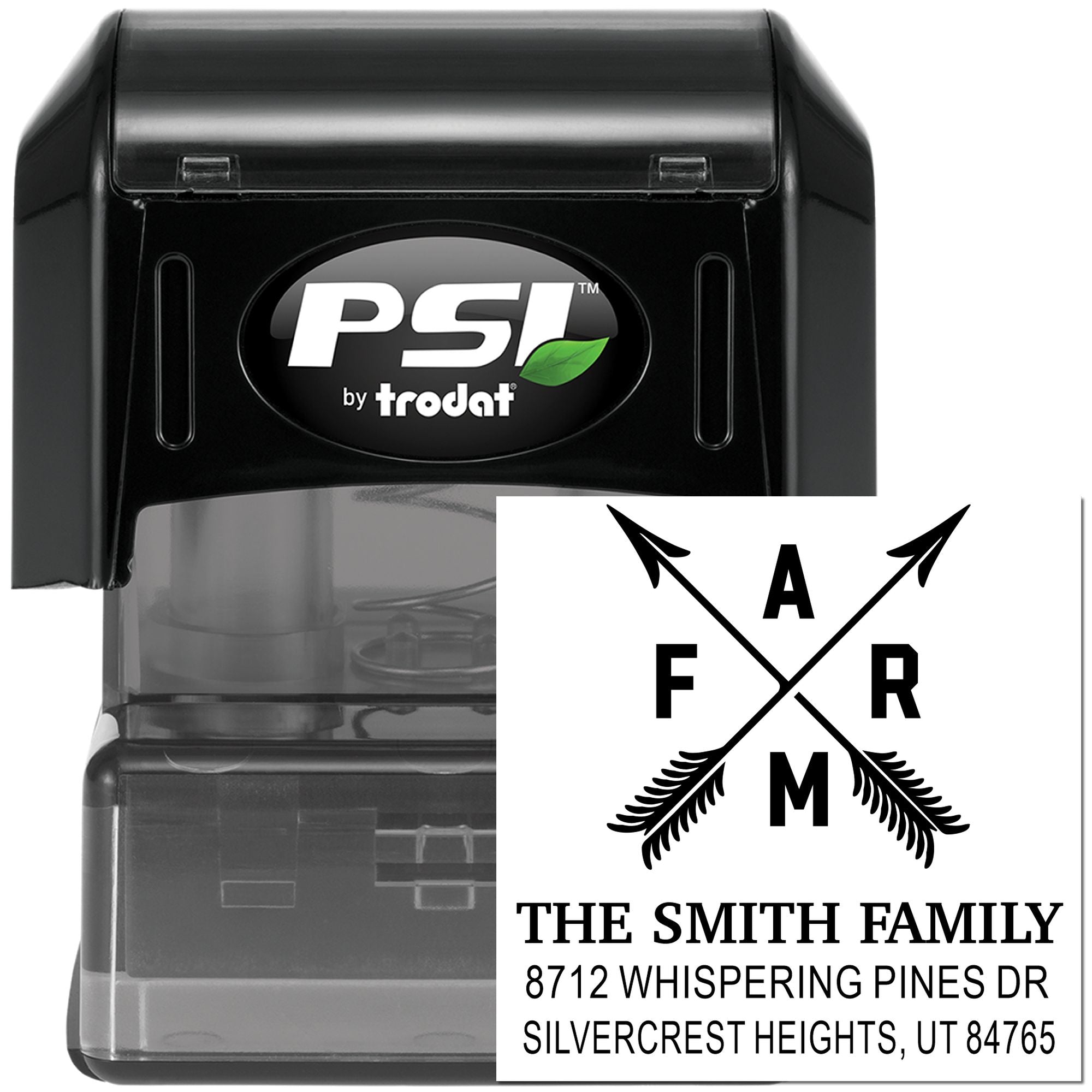 PSI by Trodat self-inking address stamp with custom family monogram and return address imprint, shown in a black stamp case on white background.