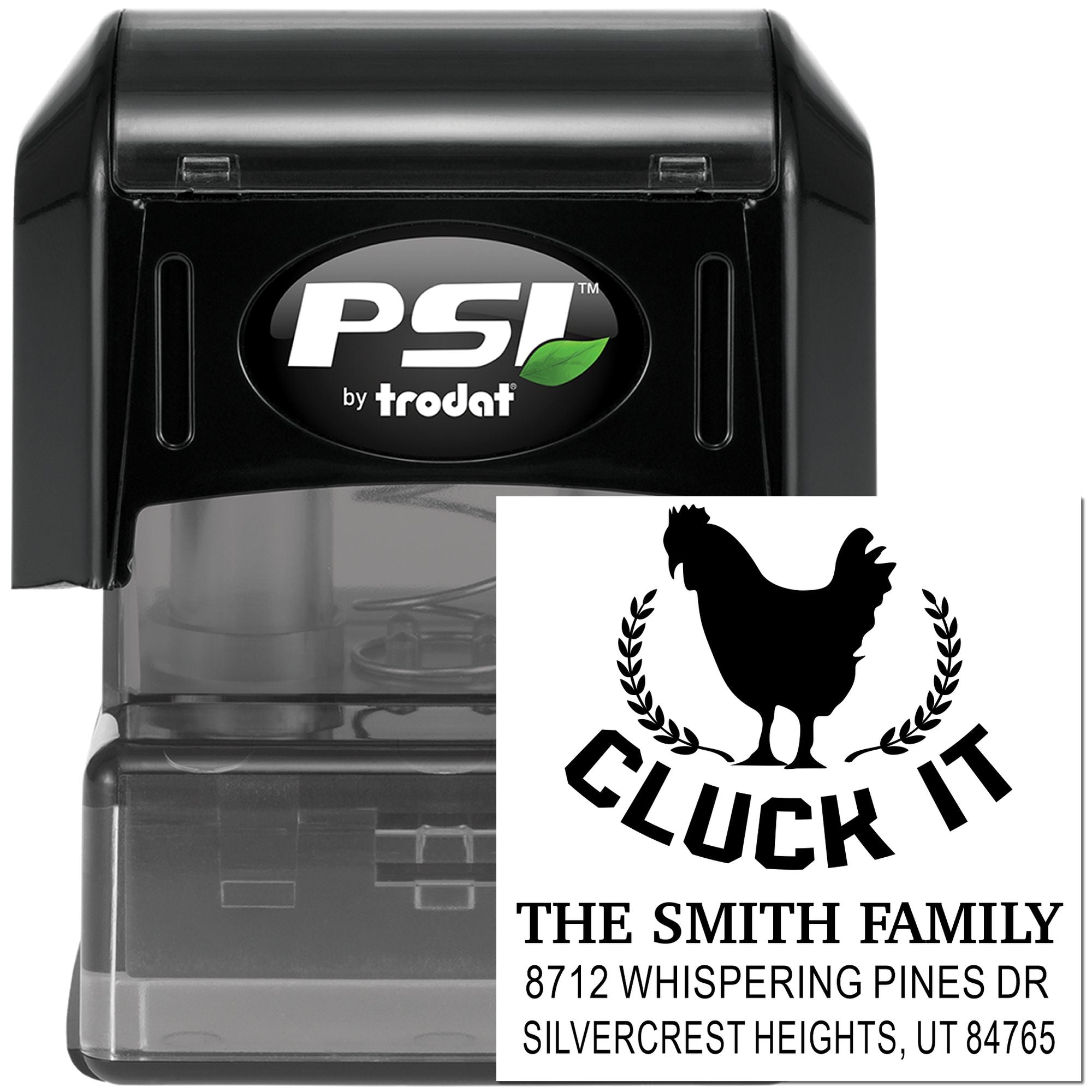 PSI by Trodat self-inking address stamp with rooster design, custom family name, street address, and city printed on a white stamp impression.