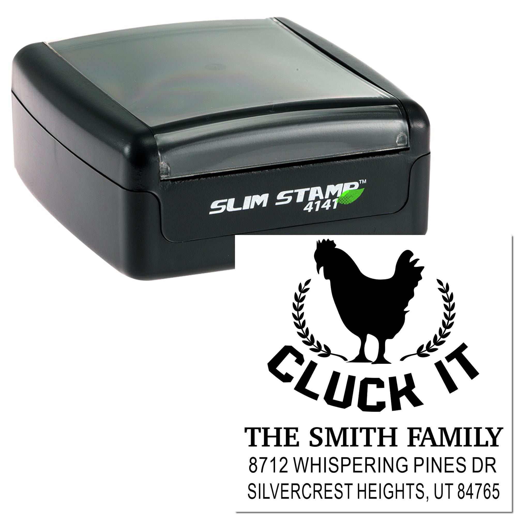 Black self-inking Slim Stamp 4141 on white background with custom rooster return address for The Smith Family, Silvercrest Heights, UT.