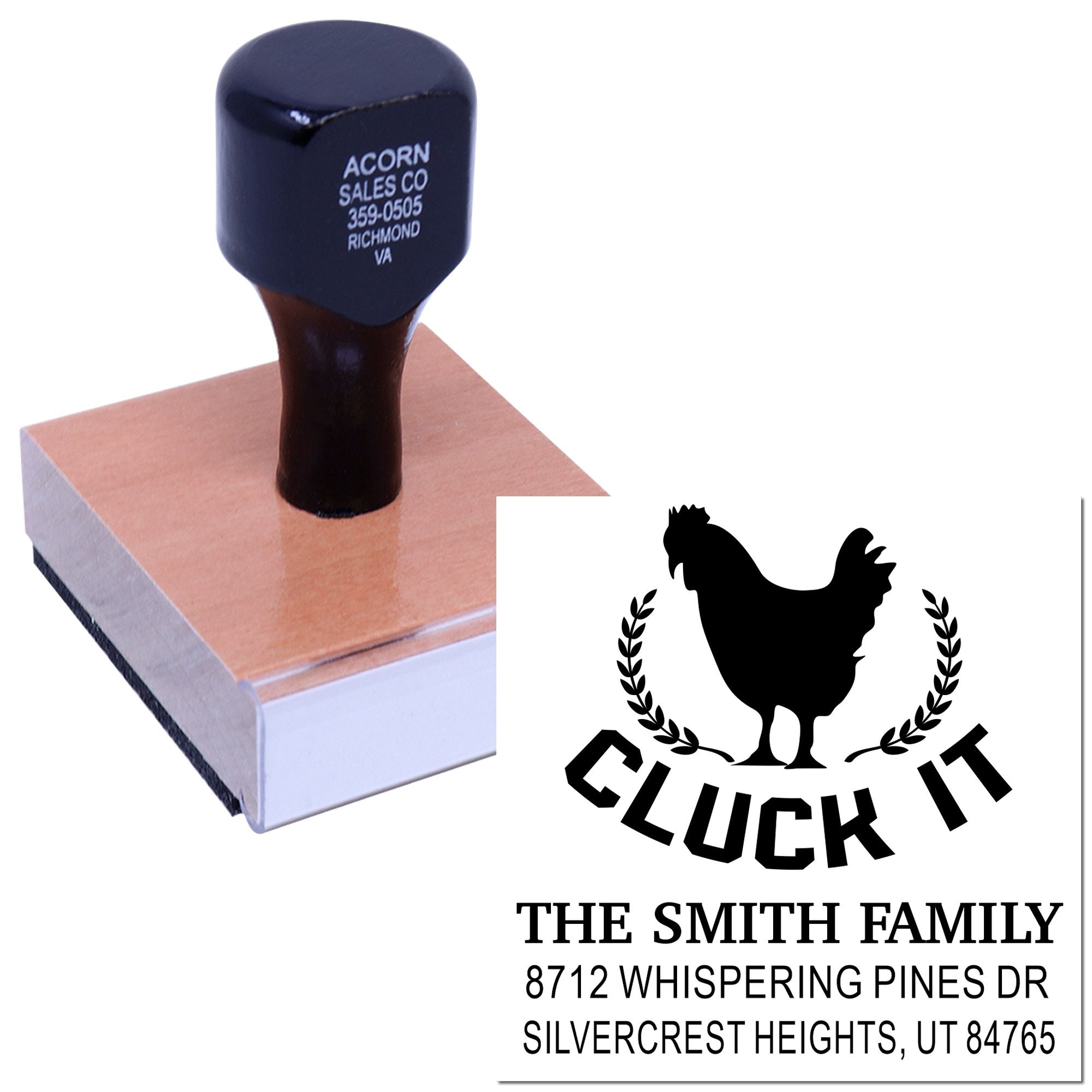 Personalized rubber return address stamp with rooster logo, pressed onto a block, displaying custom family name and home address.