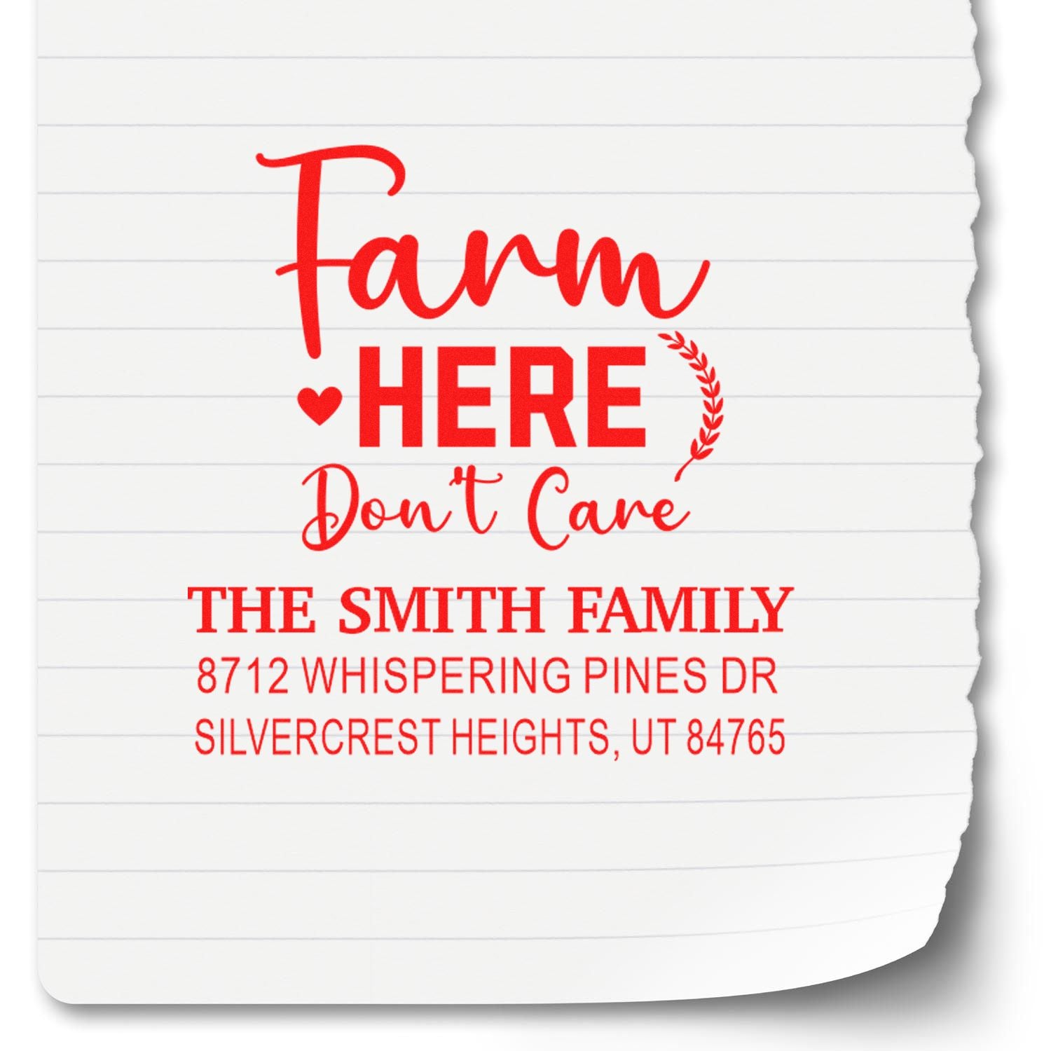 Custom red farmhouse return address stamp with Farm Here Dont Care, Smith family name, and Silvercrest Heights, UT on lined paper background.