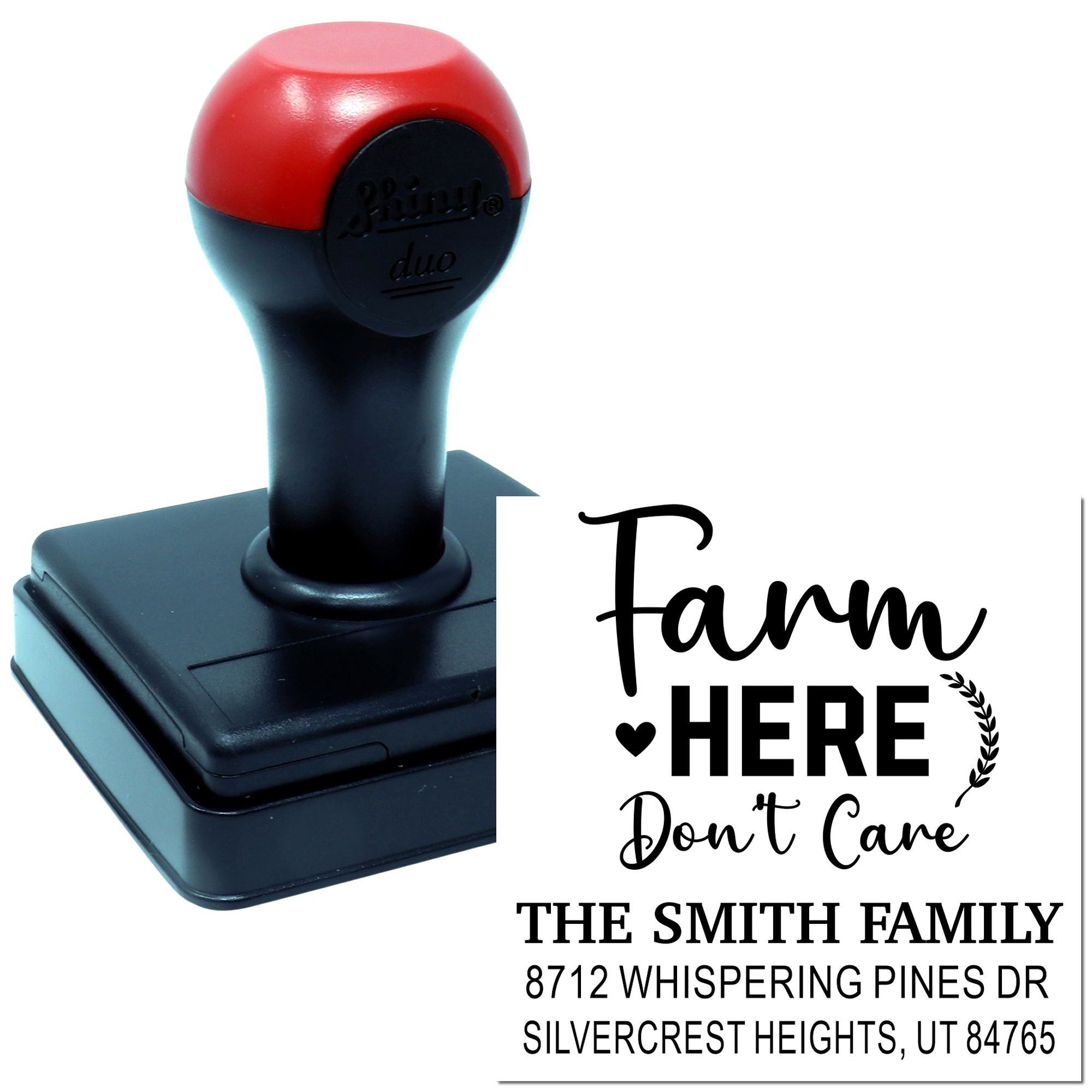 Custom self-inking farm address stamp with red-and-black handle, showing Farm Here Dont Care return address imprint on white background.
