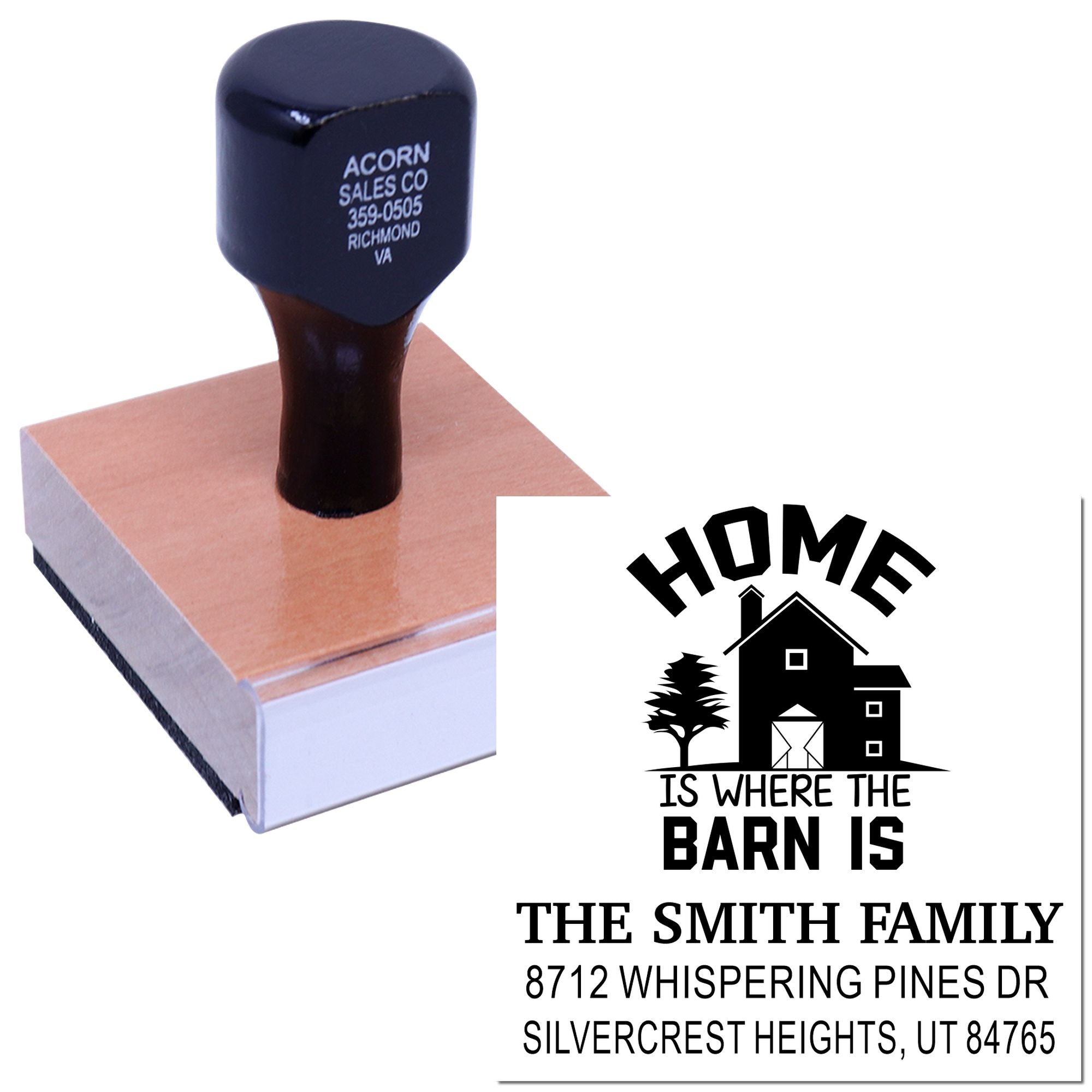 Custom address rubber stamp with home and barn design, shown on a wooden block base, displaying The Smith Family address on a white background.