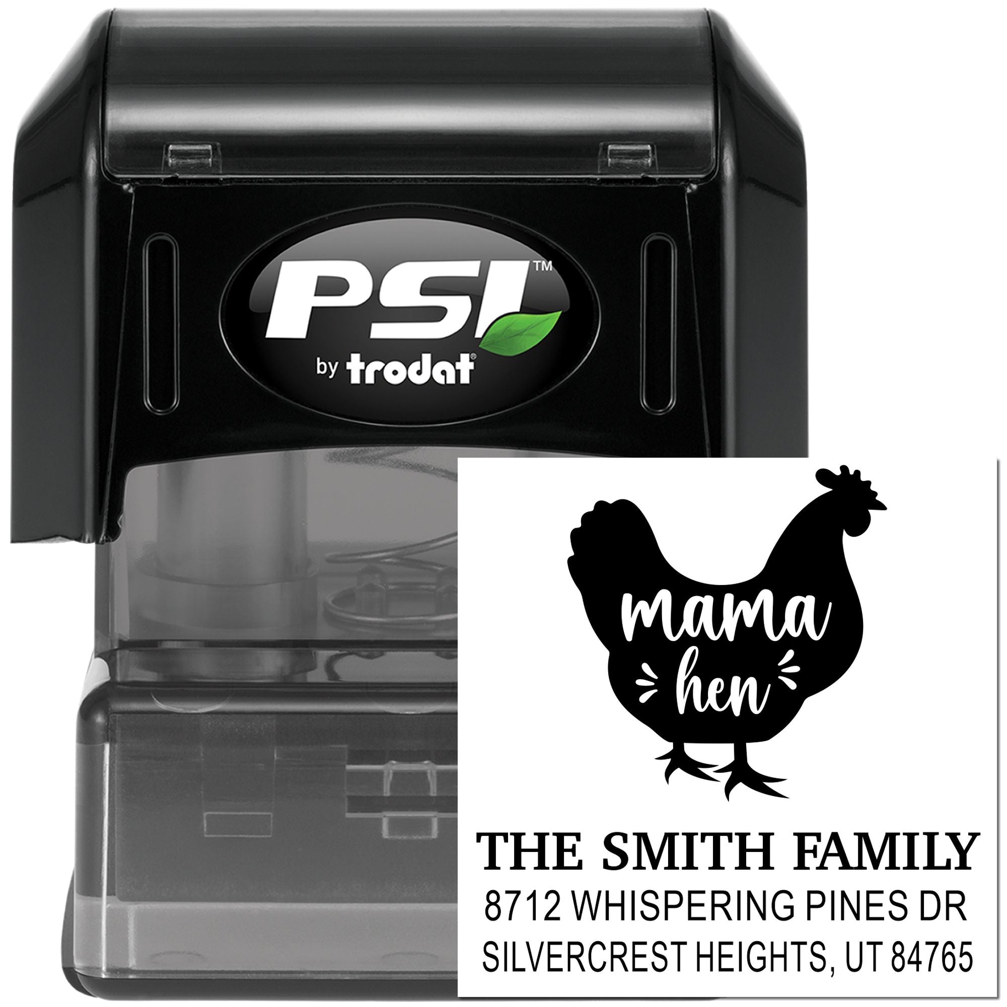 Custom self-inking PSI Trodat stamp with rooster mama hen design and The Smith Family address on black case, on white background
